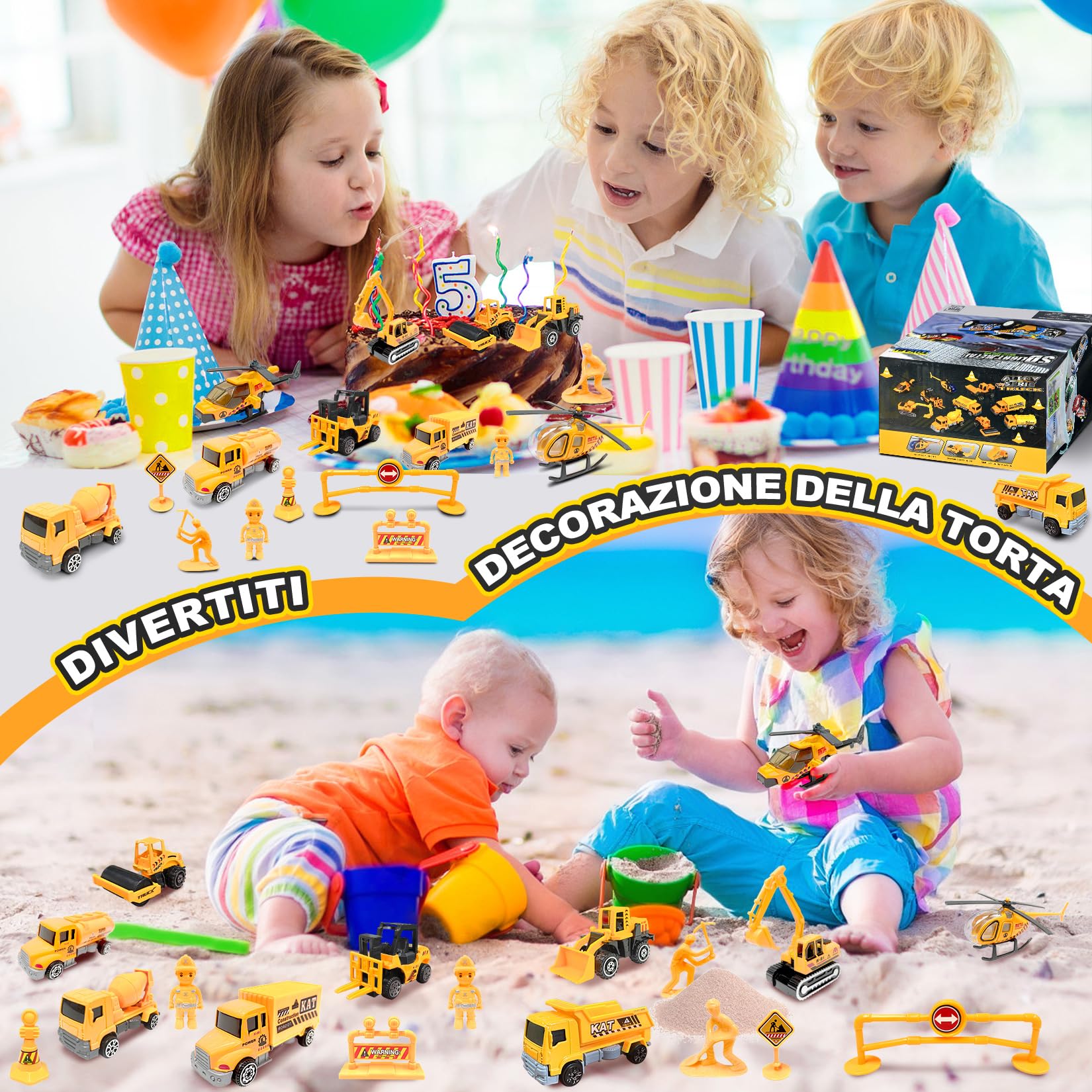 TOYABI Macchinine per Bambini, Micro Machines, Set di 18 veicoli da costruzione con dumper/aereo/blocco stradale ecc., Auto in lega pressofusa per ragazzi & ragazze dai 3 anni in su