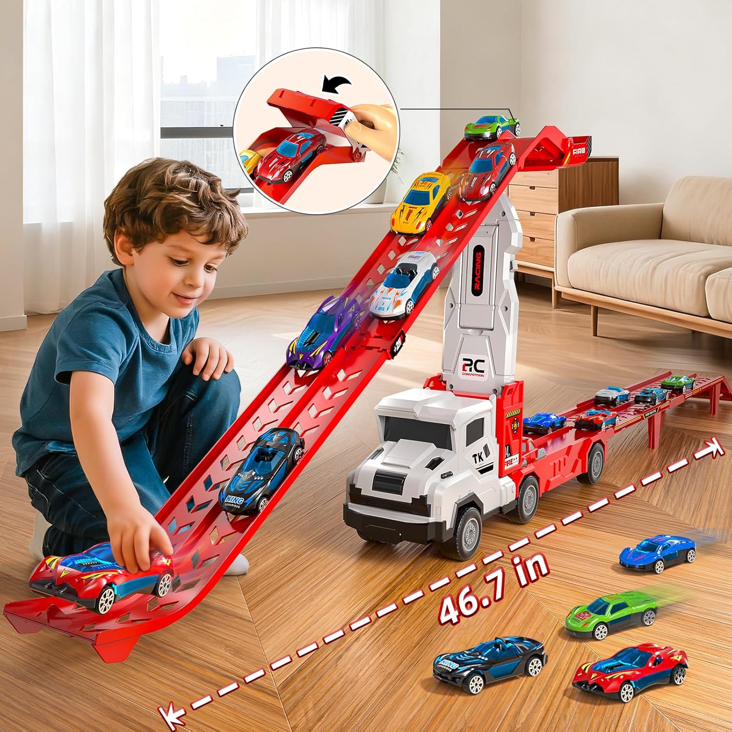 Truck Toys for Kids, Transport Vehicle with 12 Die-Cast Car, Double Race Car Track Cars Ramp Toy, Carrier Truck for Toddler 3-5, Christmas Birthday Gift for 3 4 5 6 7 8 Years Old Boys Girls
