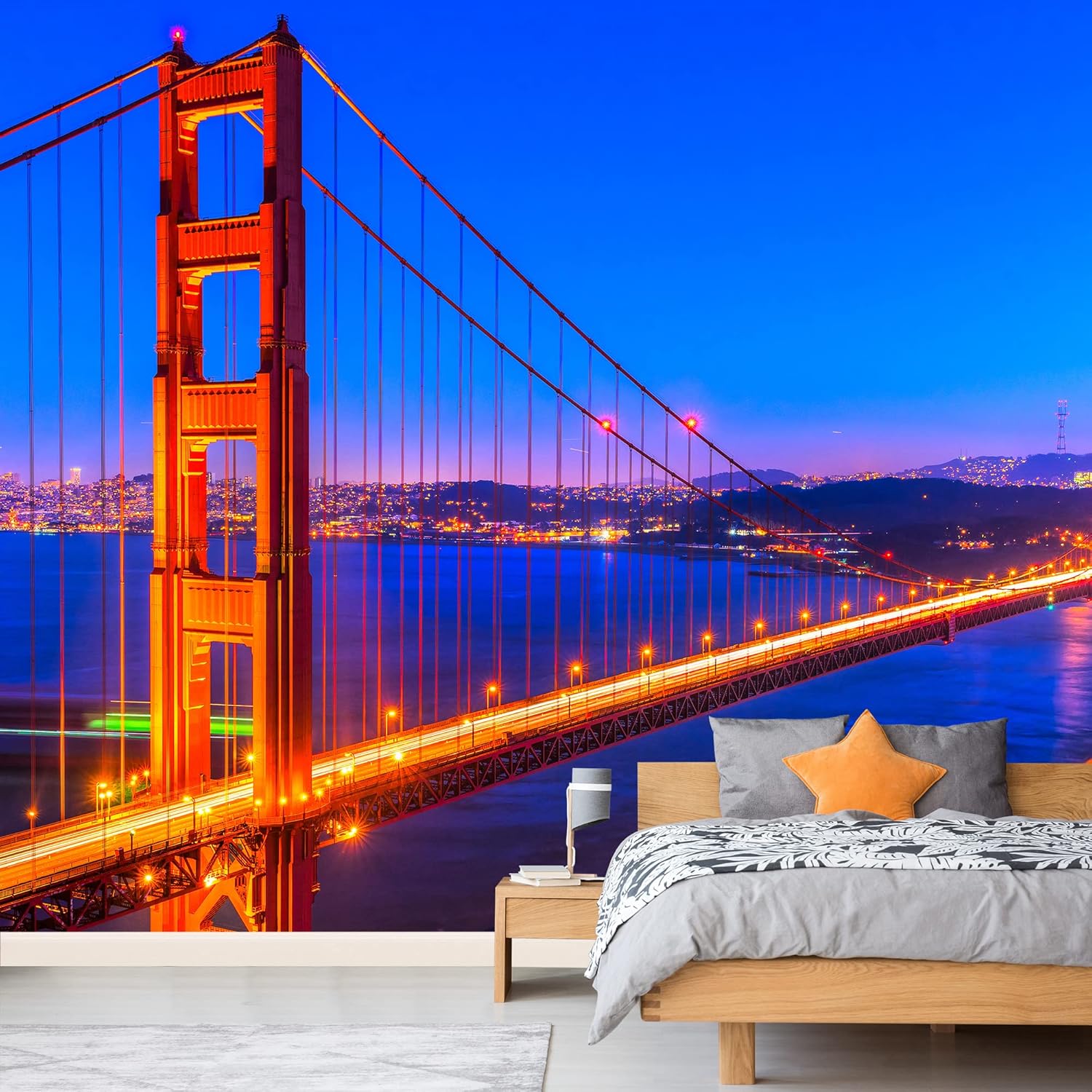 wall26 Removable Wall Sticker/Wall Mural Night Golden Gate Bridge Neon Lights Cityscape Landmarks Photography Realism Bohemian Urban Decorative Landscape for Living Room, Bedroom, Office - 66"x96"