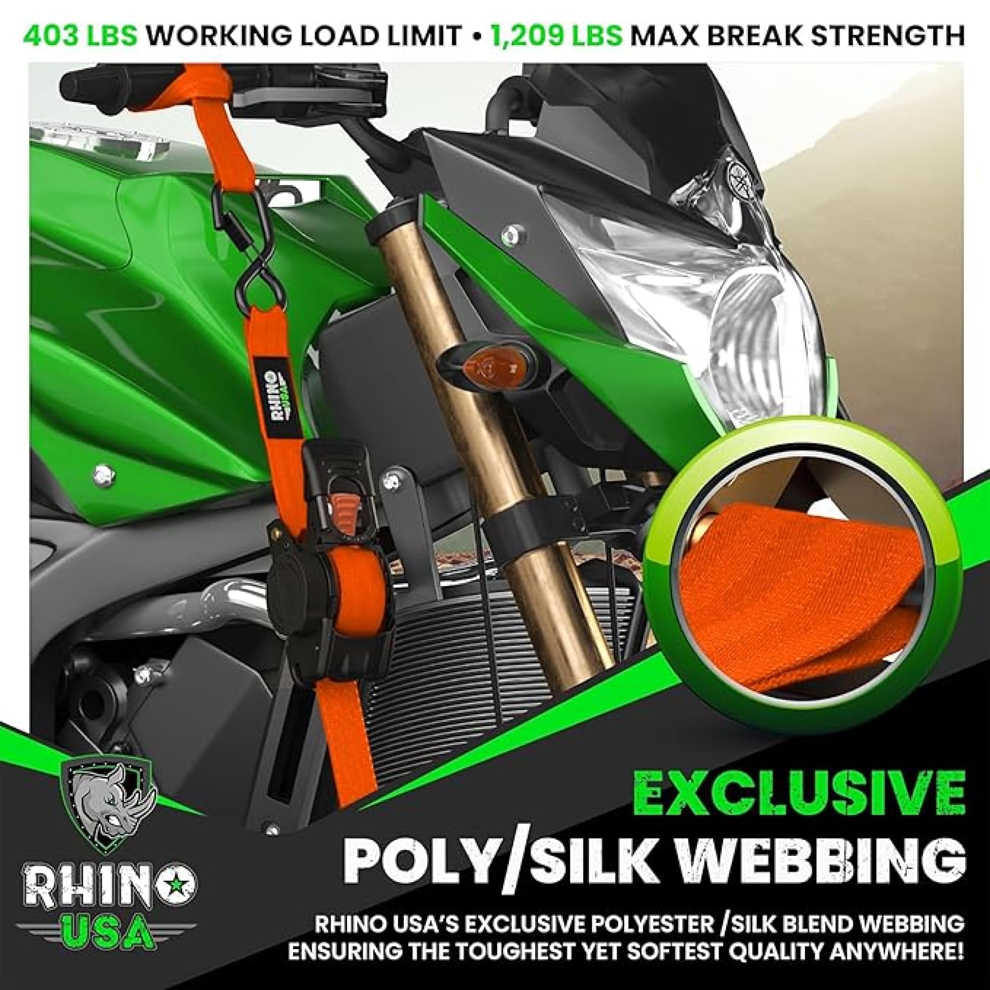 Rhino USA Chowane pasy z grzechotką (zestaw 2) - 2,5 cm x 3 m (wytrzymałość na zerwanie 540 kg) - Wytrzymałe automatyczne paski mocujące do ciężarówki, przyczepy, motocykla i innych - pomarańczowy