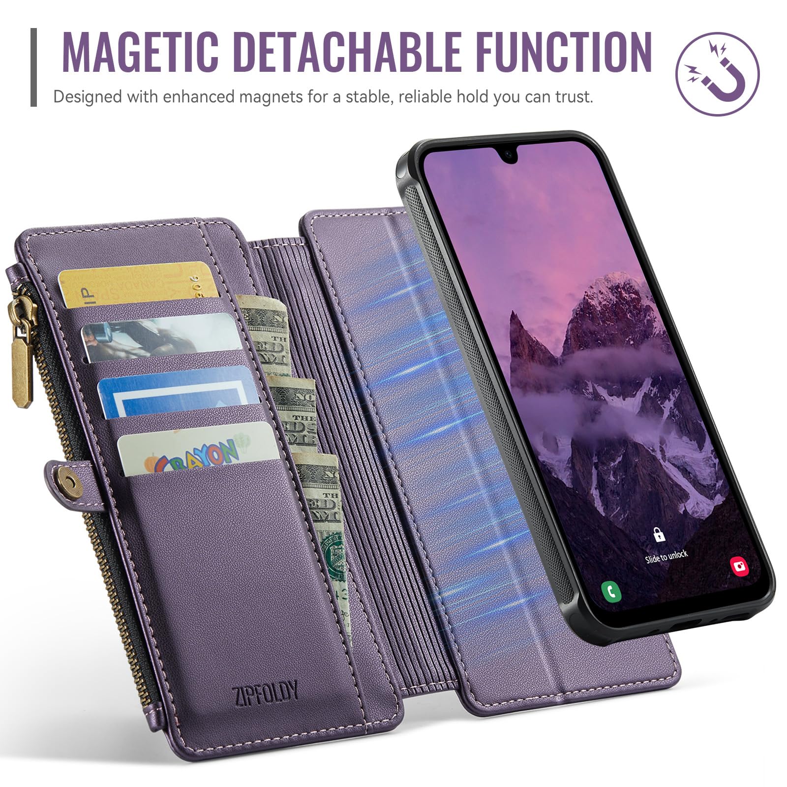 Funda magnética desmontable para Galaxy A17 5G, color morado | Tarjetero con bloqueo RFID, bolsillo con cremallera, ranura para efectivo, pulsera, para mujeres y hombres