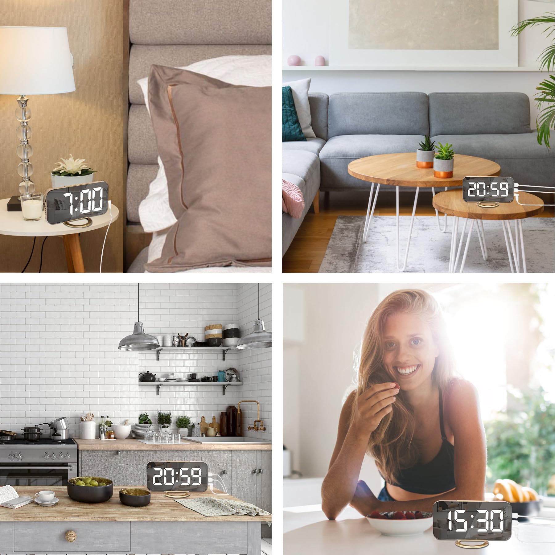U-picks Sveglia a specchio, Sveglia digitale Ampio display a LED da 6,5 "con modalità di rilevamento della luce, luminosità regolabile, 2 porte di ricarica USB Grande pulsante SNOOZE (oro)
