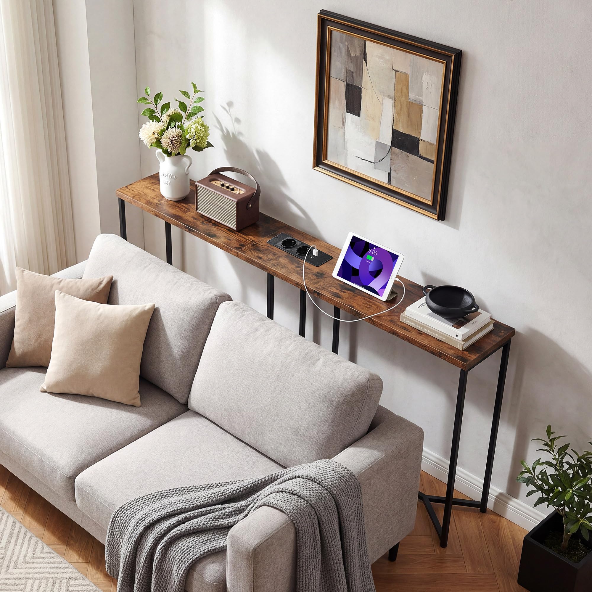 YITAHOME Konsolentisch mit Steckdosenleiste, L-förmiger Konsolentisch Shmal mit Ladestation, 2 Steckdosen und 2 USB-Anschlüsse, Sofatisch, für Eingangsbereich, Flur, 3 Kombinationsmodi, Schwarz