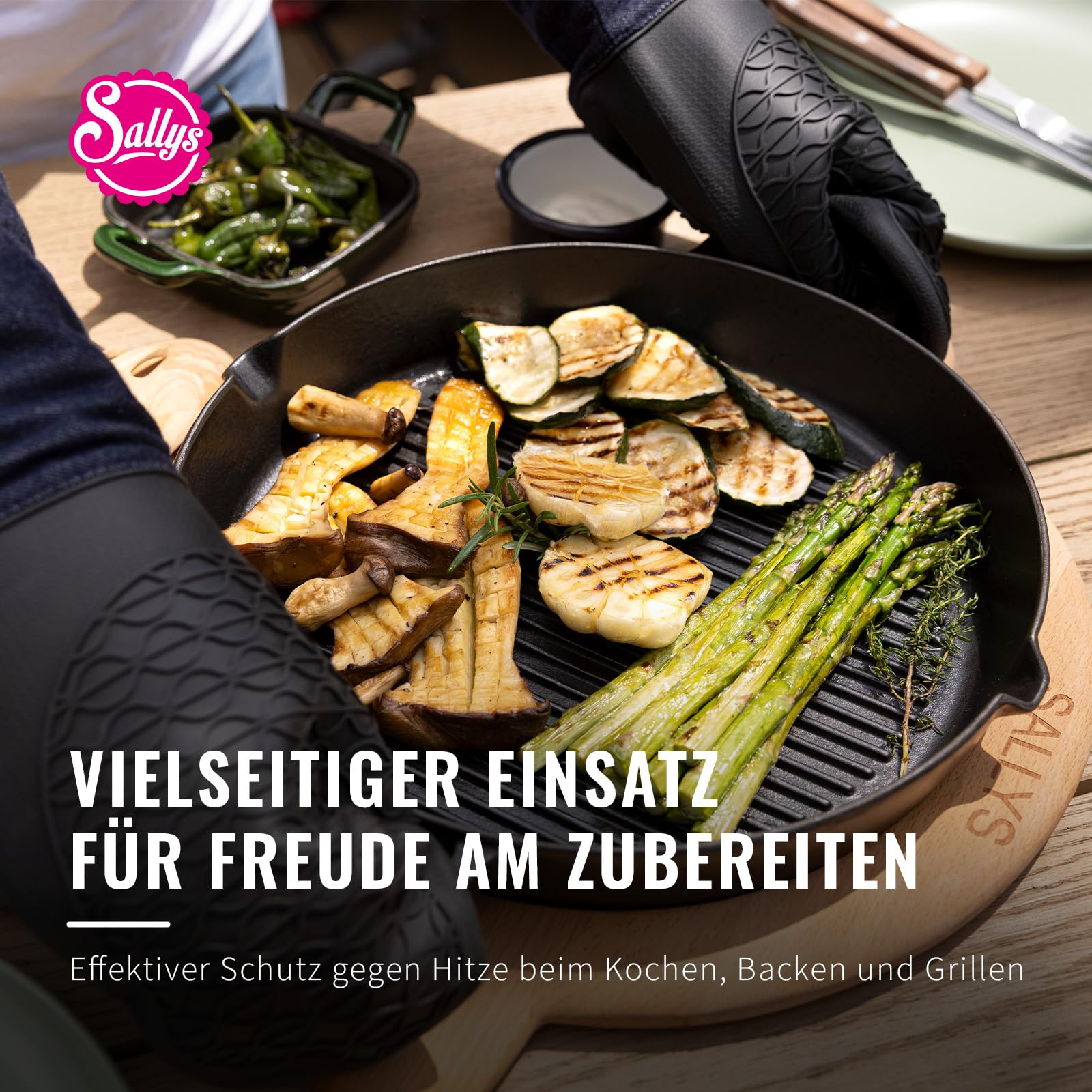 Sallys Backhandschuhe - 1 Paar aus Silikon mit Extra Langen Baumwollmanschetten - Wasserdicht & Hitzebeständig bis 230 Grad - Für Rechts- & Linkshänder
