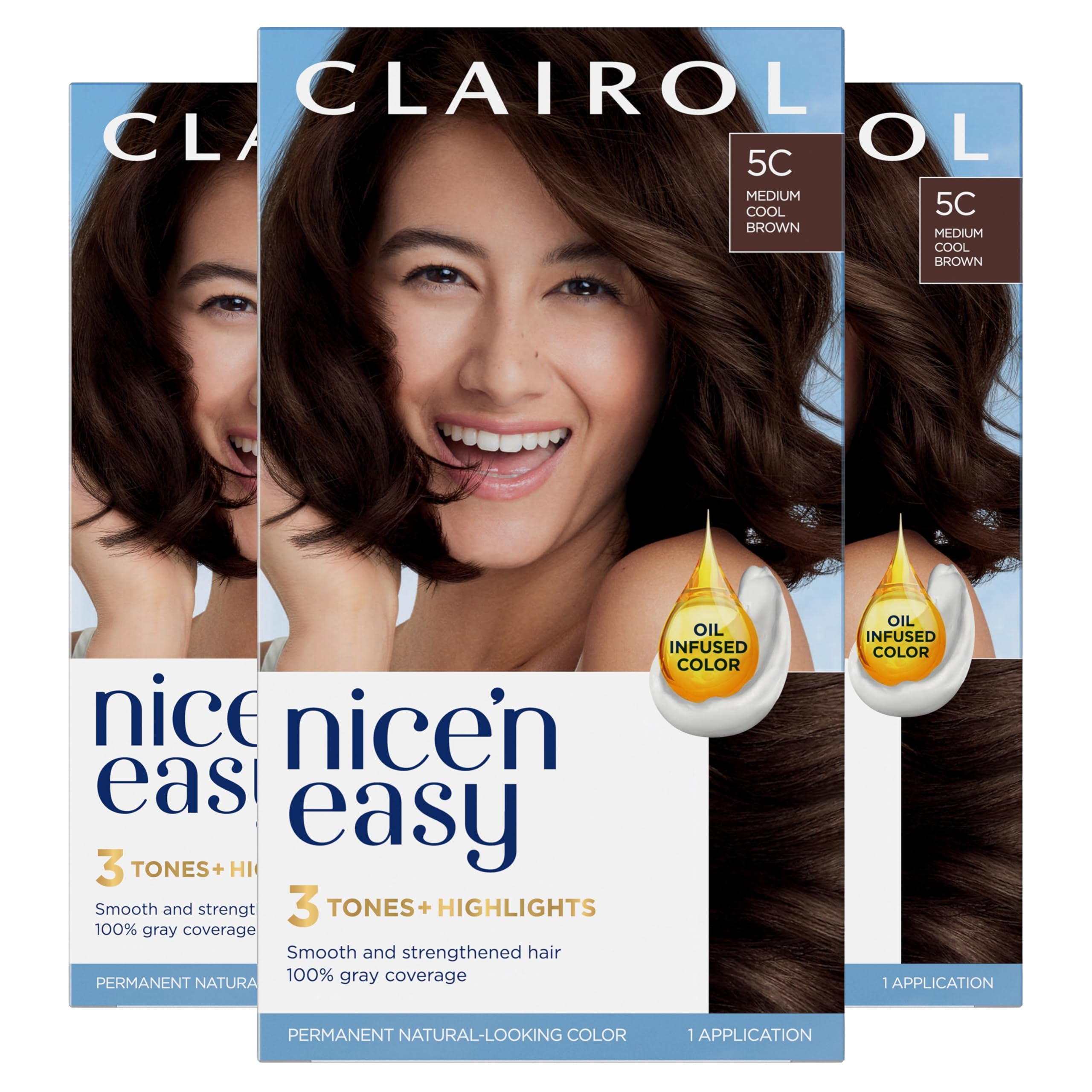 Nice'n Easy Permanent Hair Dye, 5C Medium Cool Brown Hair Color,1 Count(Pack of 3)