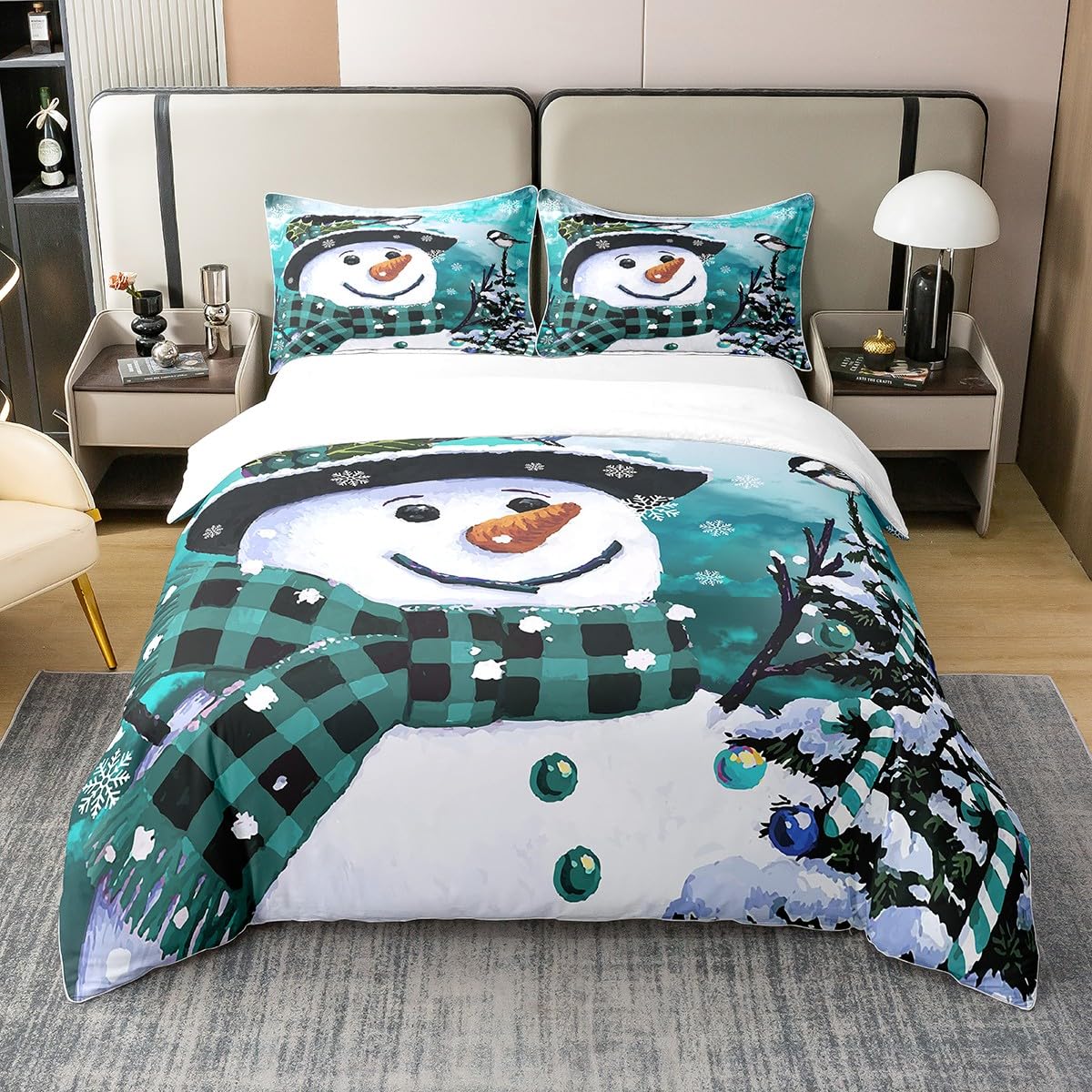Loussiesd Kids Christmas Theme Decorations Bedding Set Xmas Snowman Duvet Cover for Boys Girls Snowflake Kawaii Cute Comforter Cover Set Watercolor Teal Bedroom Collection Single Size — image 1