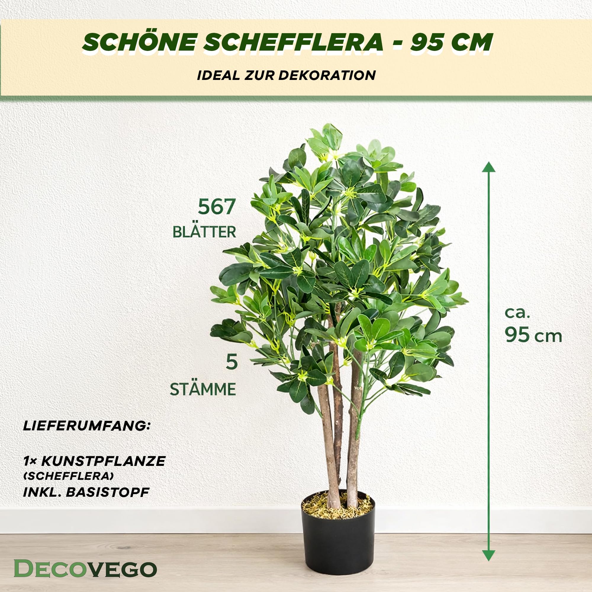 Amazon.de: Decovego Schefflera Kunstpflanze, knstliche Strahlenaralie 95  cm, Robustes Kunststoffmaterial, fr Innenbereiche, Pflegeleichte Deko