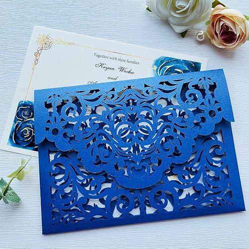 Miniatura 2 de KUCHYNEE 5.1 x 7.1 pulgadas, 50 unidades, personalizadas, color azul marino, corte láser, bolsillo de invitación de boda con sobres, kit de