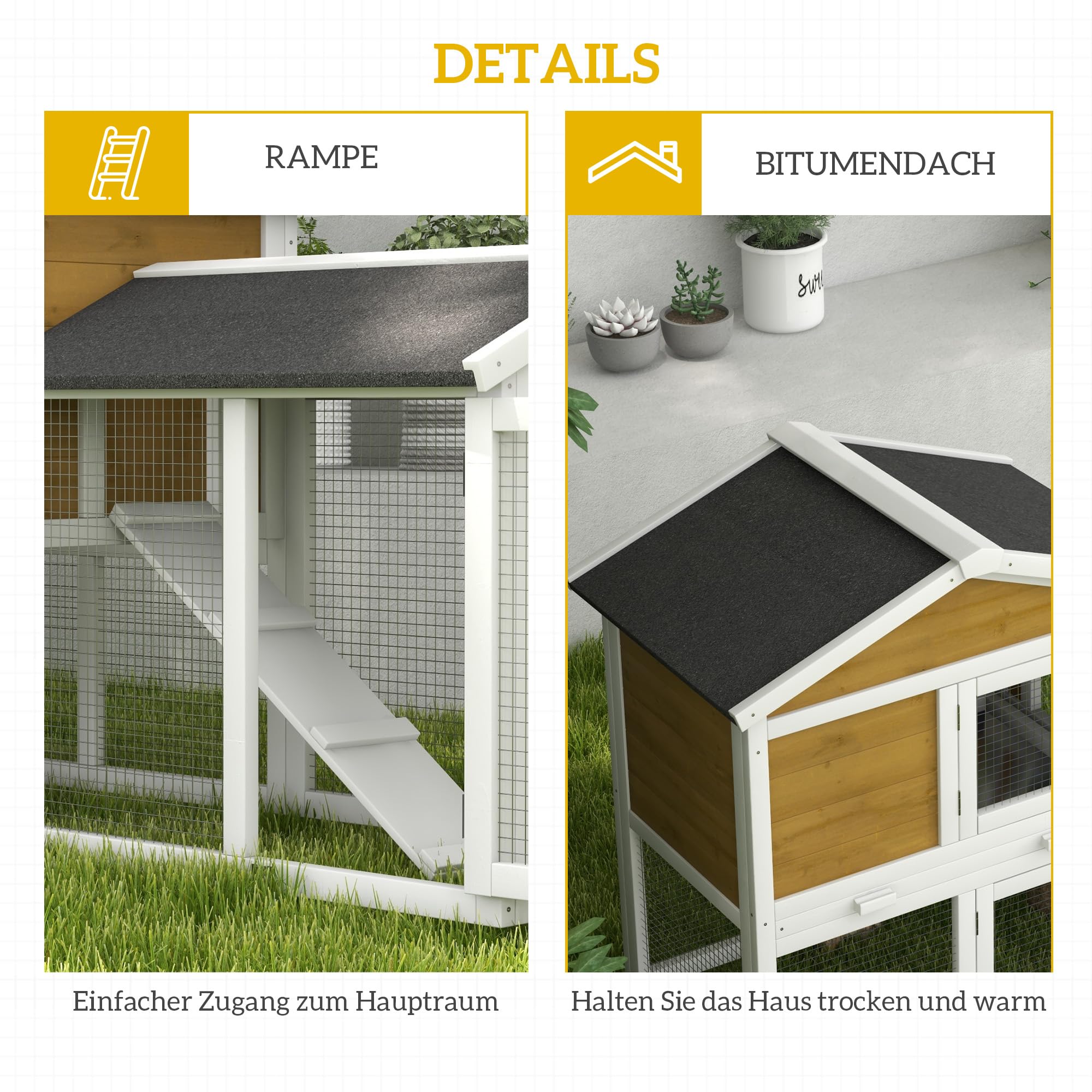PawHut Conejera de 2 pisos, resistente al invierno, de madera, 147 x 54 x 84 cm, jaula para conejos con techo de betún impermeable, rampa para 2 conejos enanos, para exteriores, color amarillo