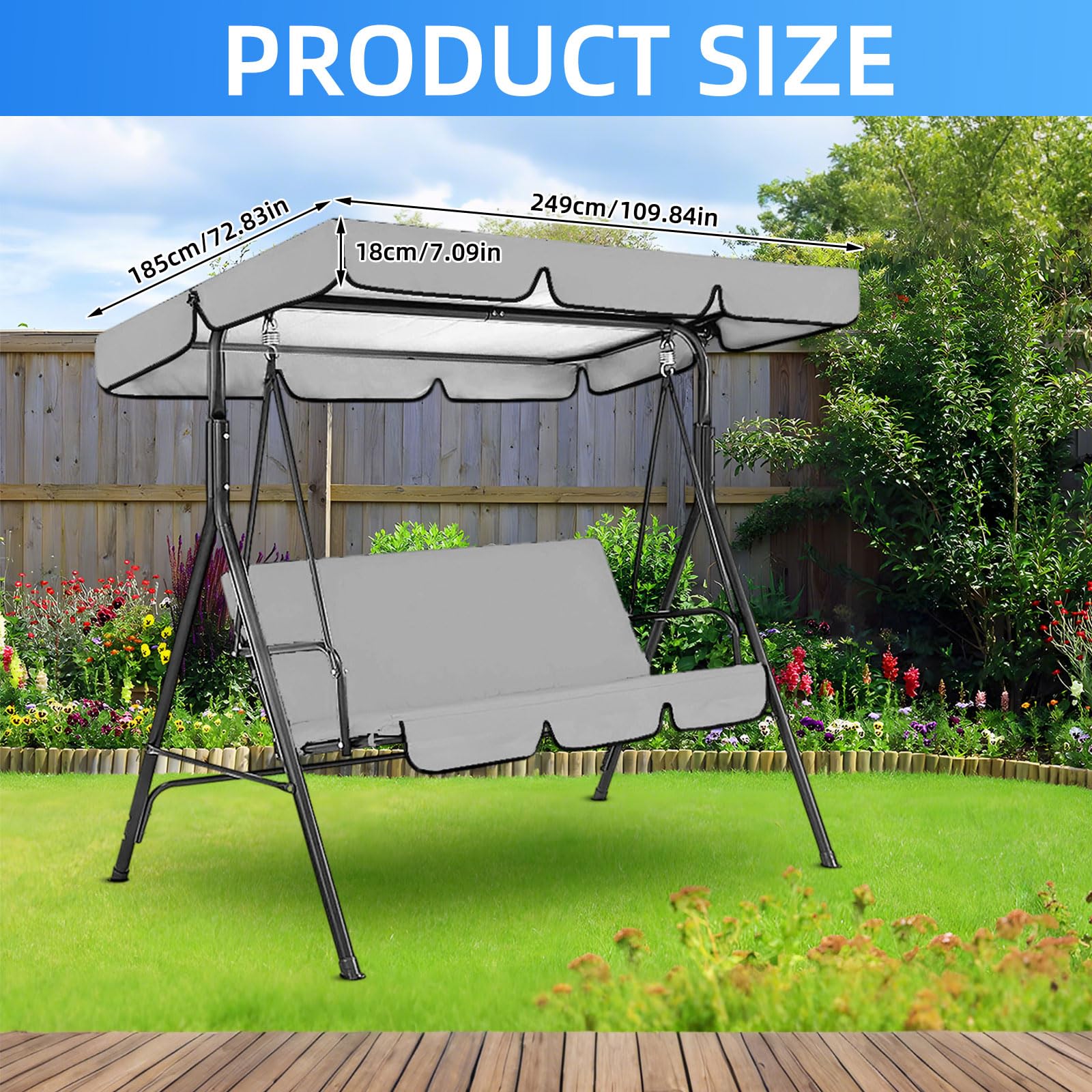 Hamaca de jardín, 249 x 185 cm, resistente al agua, techo universal de repuesto para columpio de jardín, toldo Oxford de 3 plazas, protección UV 210D (gris)