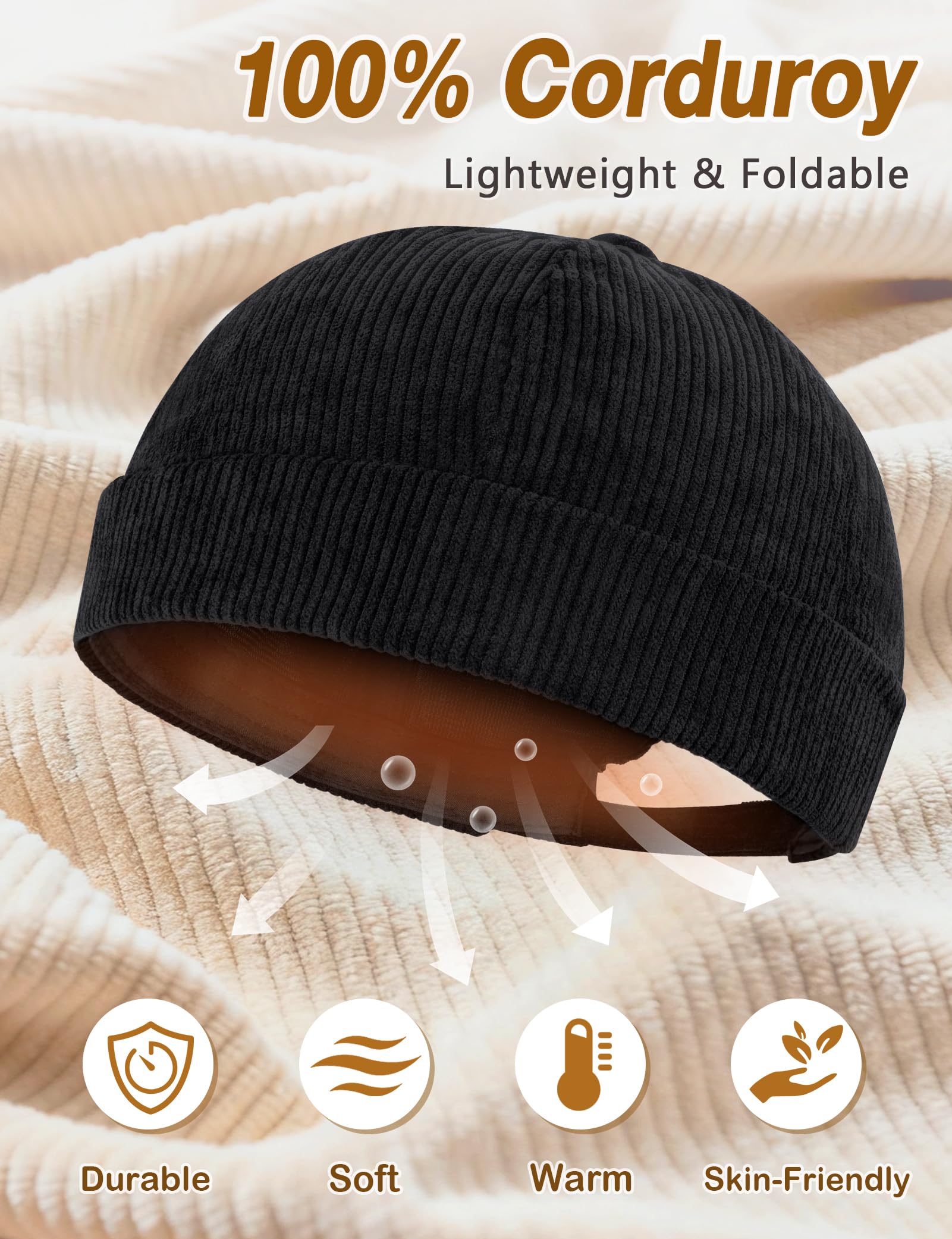 Becellen Czapka bez daszka, czapka Docker Beanie bez ronda Brimless Hat Docker Cap Mężczyźni Kobiety Rolled Corduroy Regulowana rekreacja i na zewnątrz