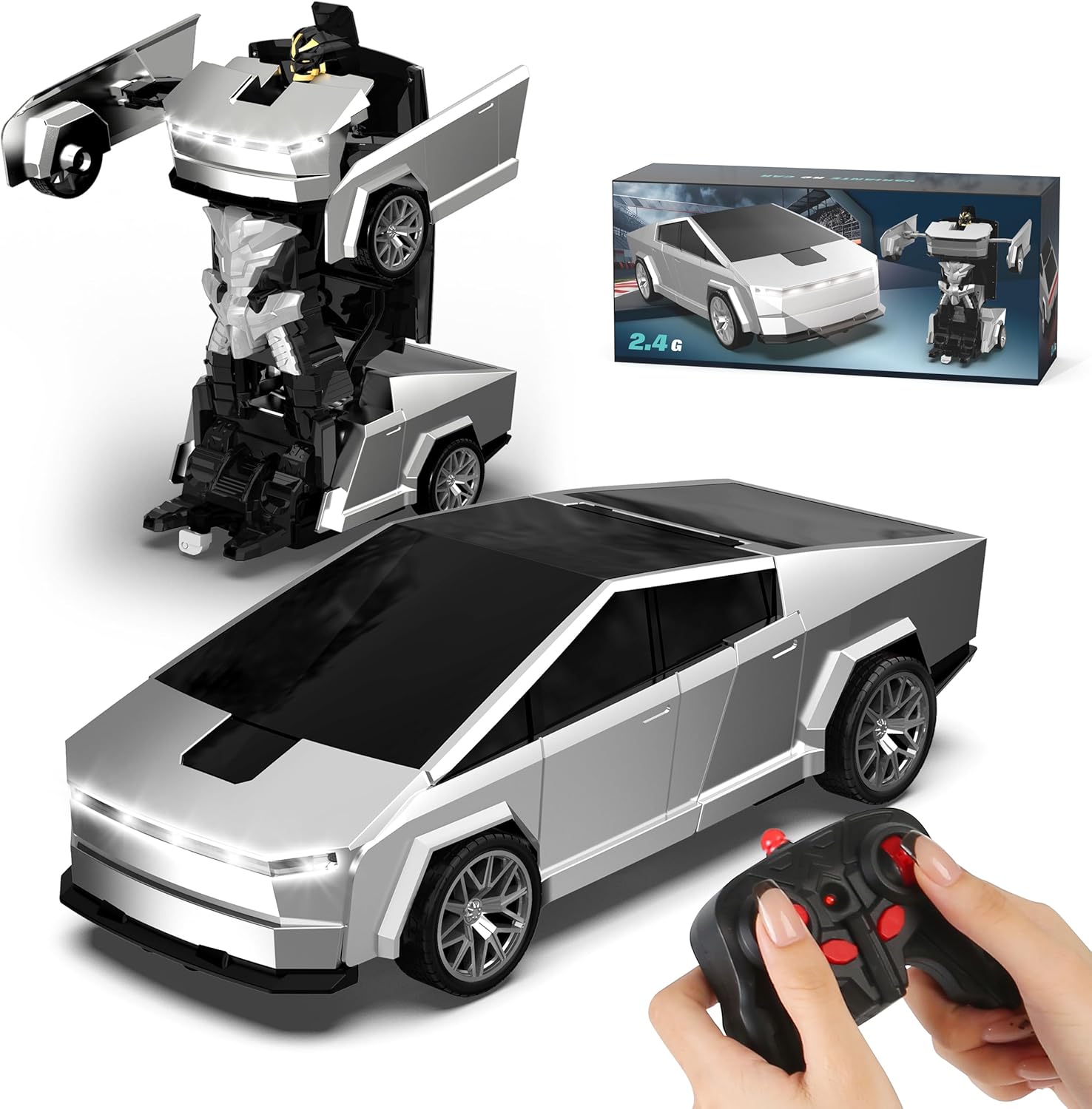Transform RC Cyber Pickup Truck Cars Robot Toy for Kids, 2.4GHz Remote Control Car with One-Button Deformation 360° Rotation LED Lights Valentine's Day Birthday Gifts for Boys Age 4-7-8-12（1:18 Scale）