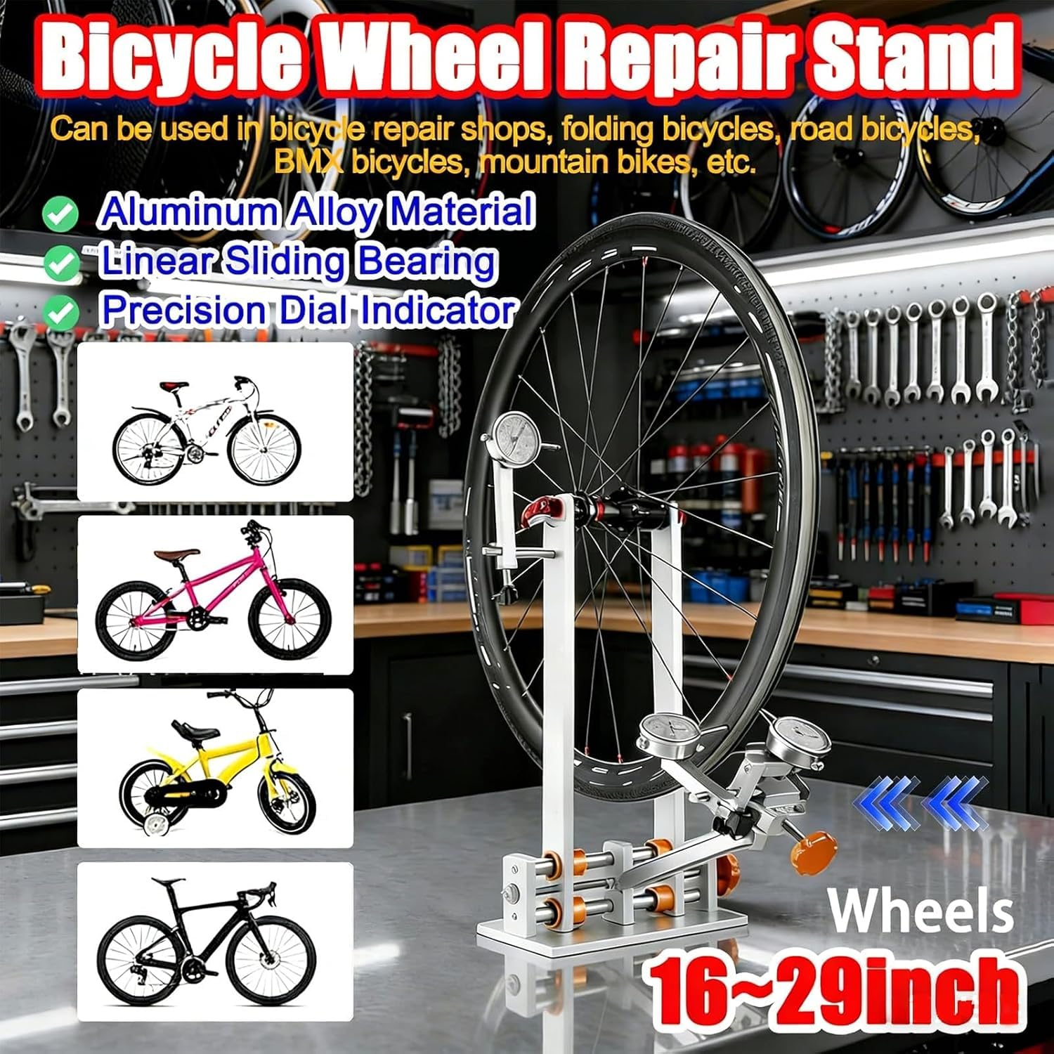 Soporte de rueda para mantenimiento de bicicleta, con soporte de rodamiento y llave de radios, ajustable para cubos de 55 a 200 mm, herramienta de alineación de llantas