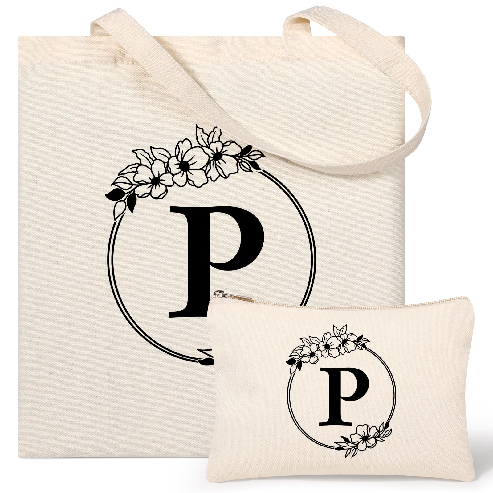 Tecanne Personalised Initial Canvas Tote Bag and Makeup Bag Set, 26 Letters Monogrammed Cotton Reusable Bags for Beach Travel Work School, Gift for Women Mum Teachers Nurses (P)