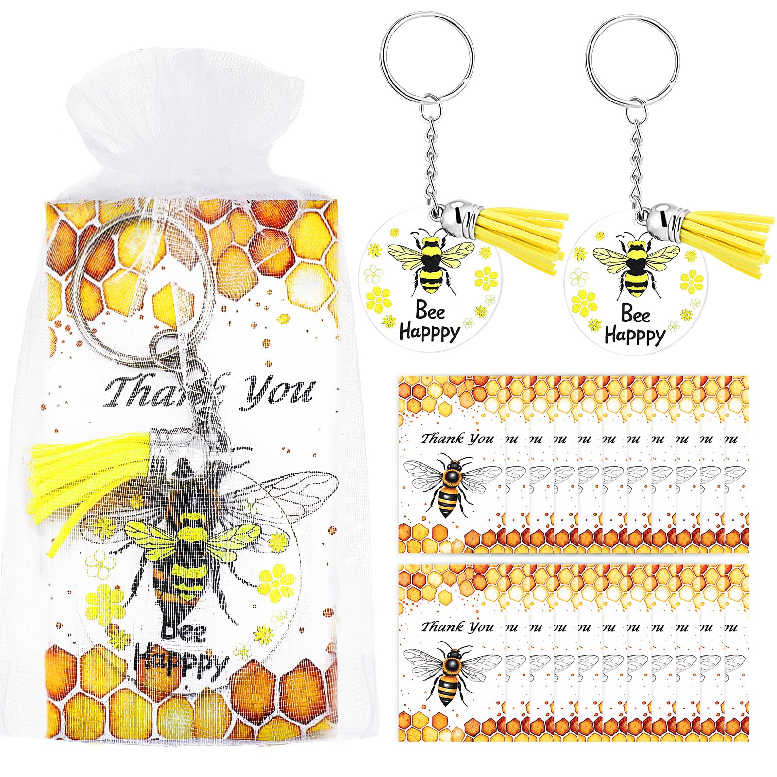 Neptniopllab24 Pcs Bee Employee Appreciation Gifts for Women,Cute Bee Keychain with Tassel,Thank You Cards and Organza Bag, Bee Inspirational Keyring Gifts for Women Bag Wallet Handbags Backpack
