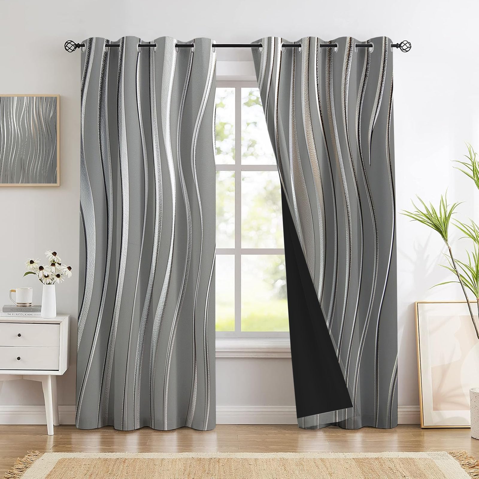 Cortinas Opacas Ondas De Lámina Plateada Brillante para Dormitorio, 240 Cm De Largo, 2 Paneles De Cortinas con Ollaos Geométrico De Lujo para Sala De Estar, Cortina De Aislamiento Térmico, Gris Plata