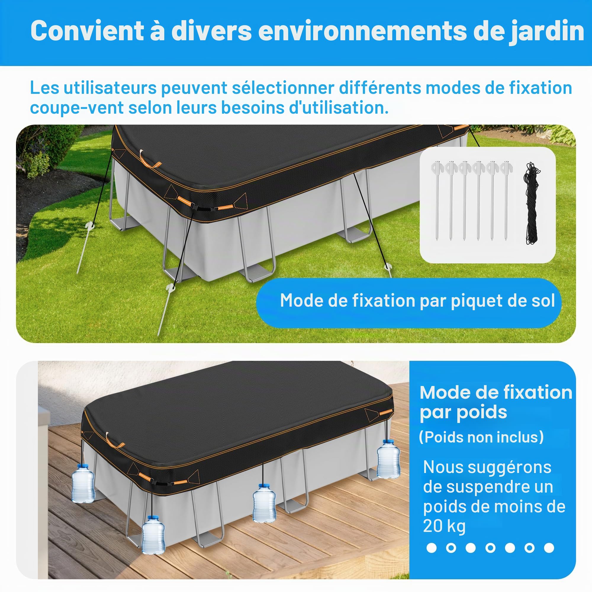 Bâche rectangulaire de qualité supérieure pour Piscine Hors Sol, résistante aux intempéries, Noir avec Bordure Orange, 2,1 x 4,9 m
