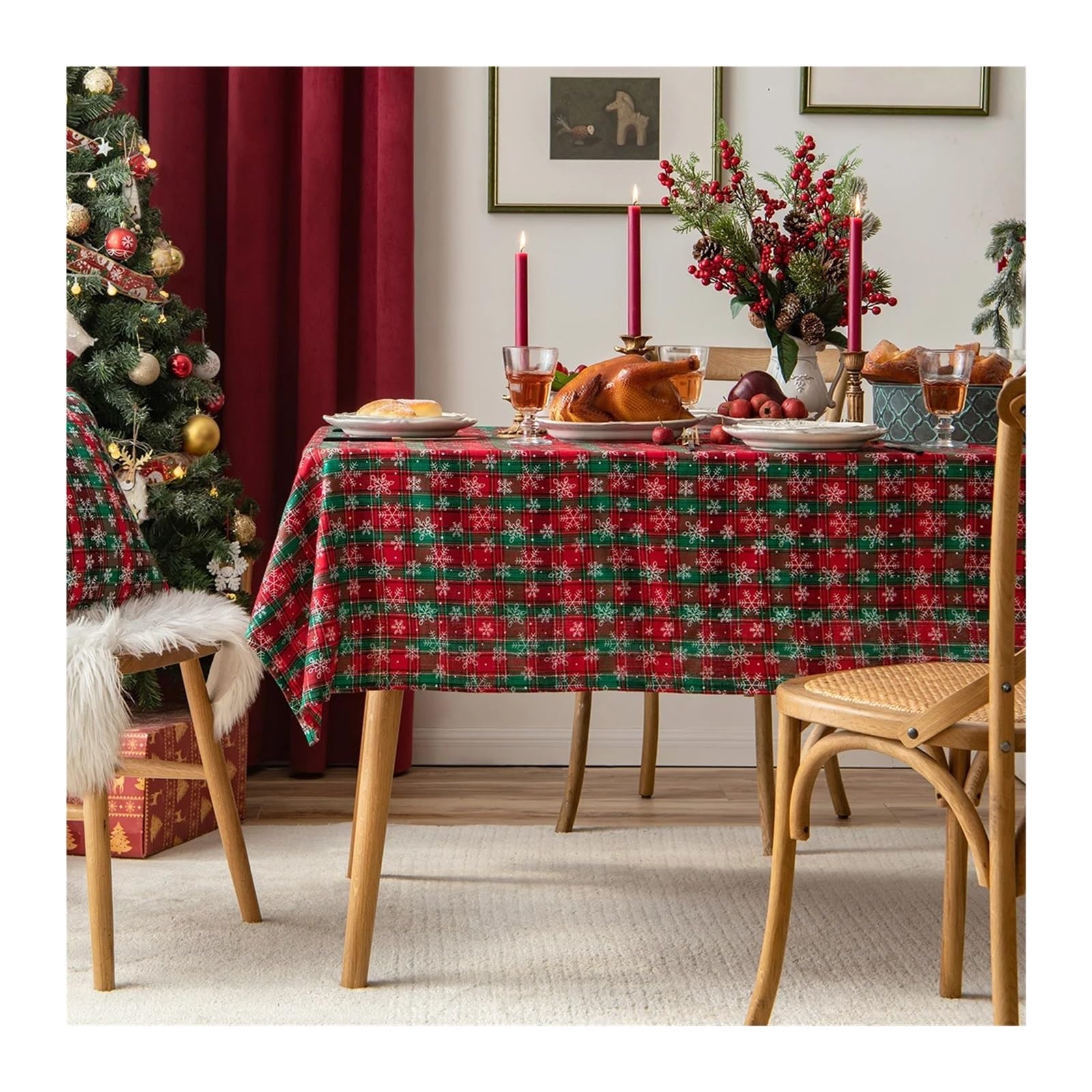 Weihnachtstischdecke Christmas Checkered Tablecloth Rectangle Red Plaid Xmas Table Cloths Winter Farmhouse Decorations for Dining Parties Holiday(1pc Style C,140x100cm)