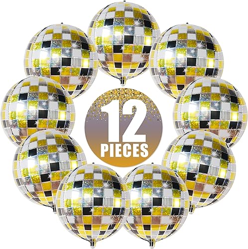 Miniatura 8 de KatchOn, Globos de bola de discoteca brillantes, grandes de 22 pulgadas, paquete de 12, globos de disco negros y plateados de aluminio para