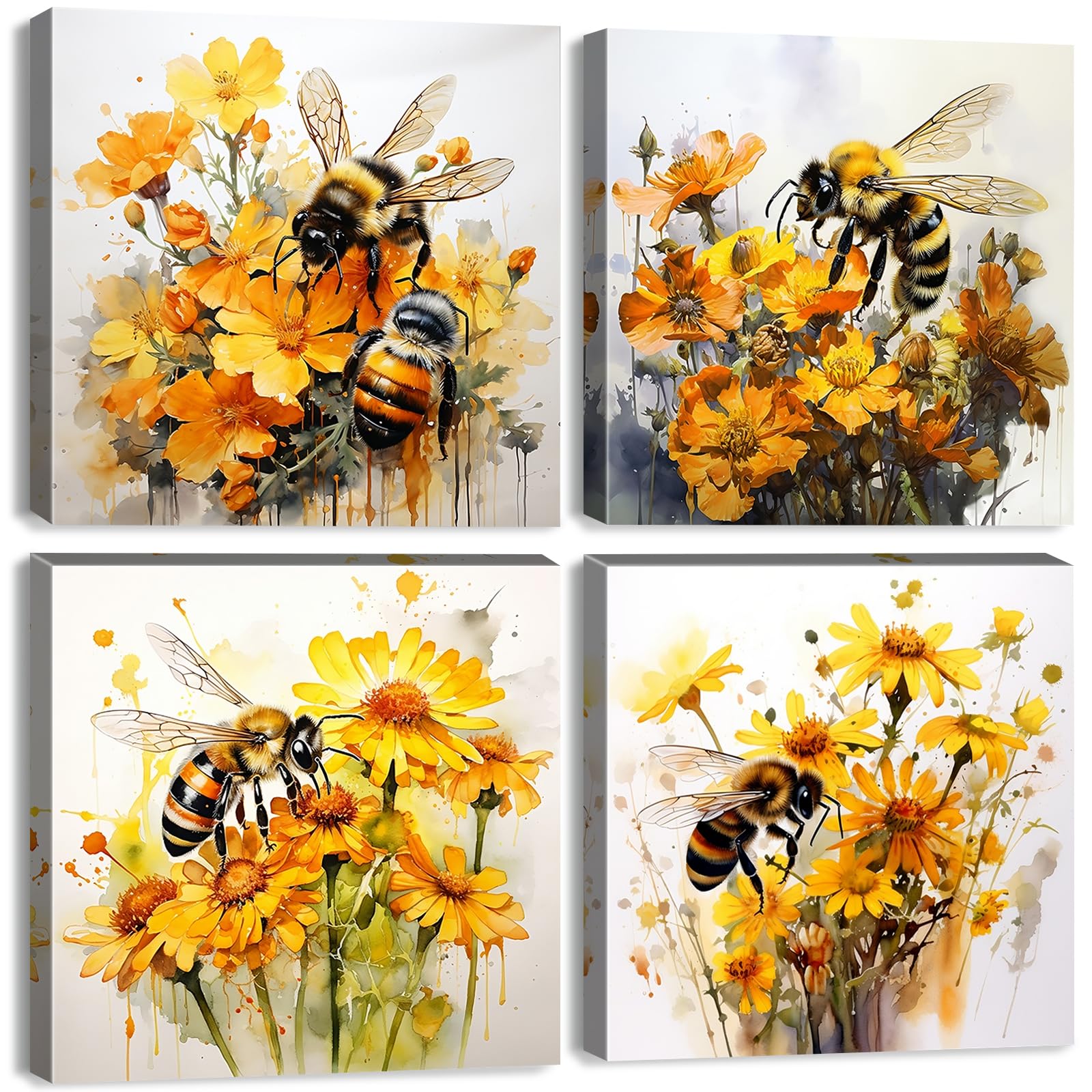 Daisy Flower Wall Art Bee Wall Decor Abstract Nature Bee Wildflower Canvas Poster for Bathroom Decor Yellow Floral Paintings Artwork Bee Kitchen Decor Living Room Home Decoration 12x12" 4Pcs