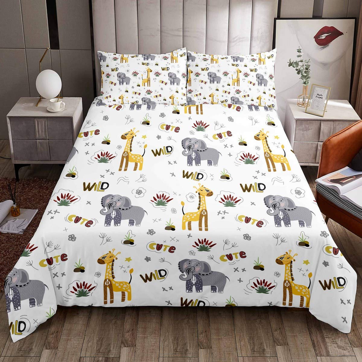 Kids Cartoon Comforter Cover Cute Elephant Giraffe Print Bedding Set for Boys Girls Zoo Animal Theme Duvet Cover Safari Wild Style White Bedspread Cover Room Decor King Size Quilt Cover 3Pcs — image 1