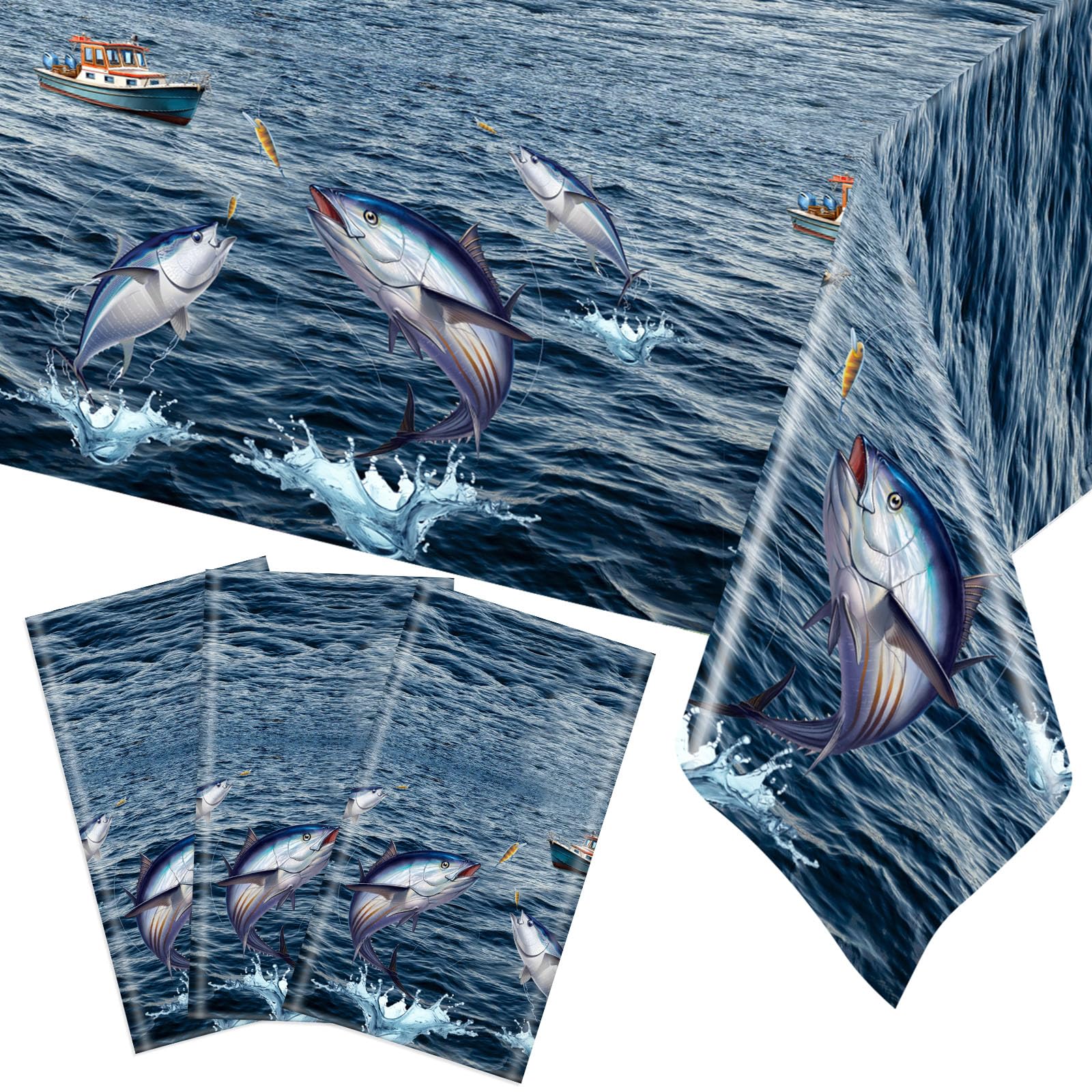 Ganeen 3 Pcs Fishing Tablecloth Disposable Plastic Table Covers Ocean Scene Waterproof Tablecloths for Gone Fishing Themed Tournament Birthday Party Decor, 54 x 108 Inch