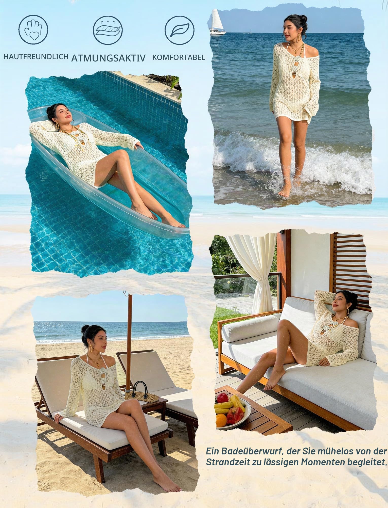 FEOYA Damen Gestrickte Strandkleid Bikini Cover Up Häkel Strandponcho Crochet Mini Dress Pareos Beachwear Strandurlaub Kleid