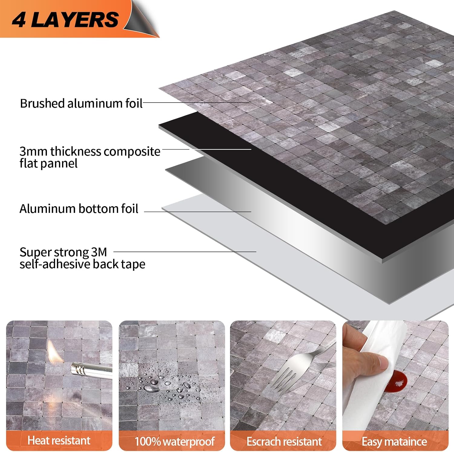 10-Sheets Metallic Peel and Stick Backsplash Mosaic Tiles, Hazy Taupe Stainless Steel Heat Resistant Stick on Wall Tile for Kitchen, Bathroom, Laundry Room, Camper, Fireplace