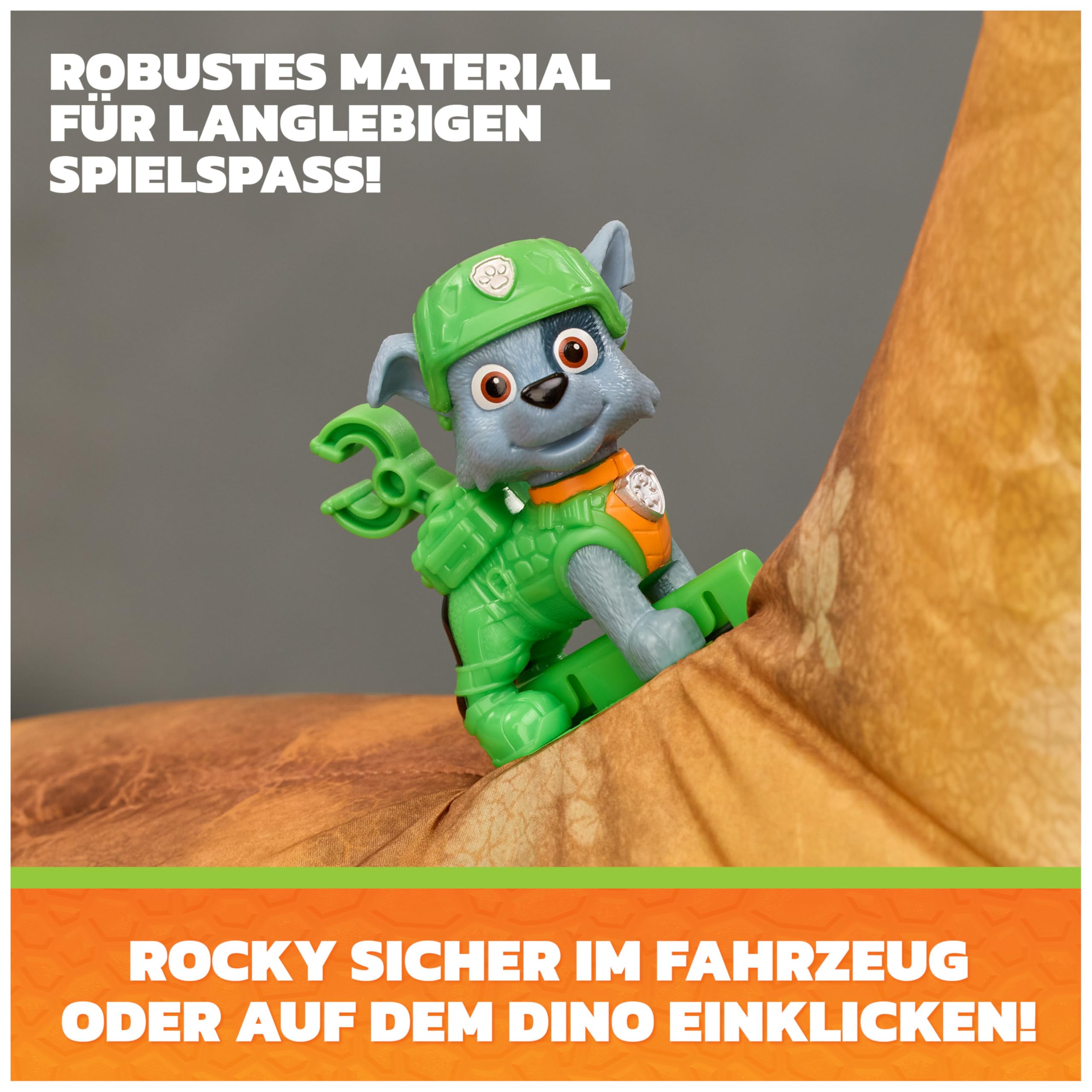 PAW PATROL: Der Dino Film Rockys Megasaurus Transport-Fahrzeug, ab 3 Jahren | 76 cm aufblasbarer Dino | 2-in-1 Dino & Fahrzeug | Per Knopfdruck aufblasbar | Licht & Geräuscheffekte | Mit Rocky-Figur