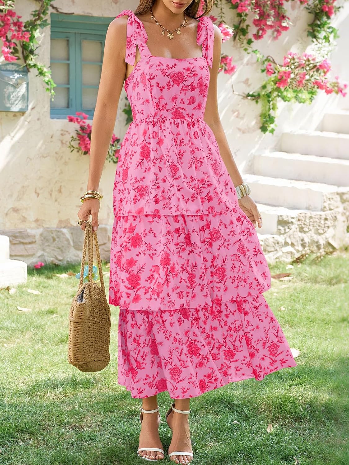 Wenrine Womens Summer Floral Maxi Dress Casual Tie Strap Sleeveless Ruffle Tiered Smocked Loose Boho Beach Dresses - Image 4