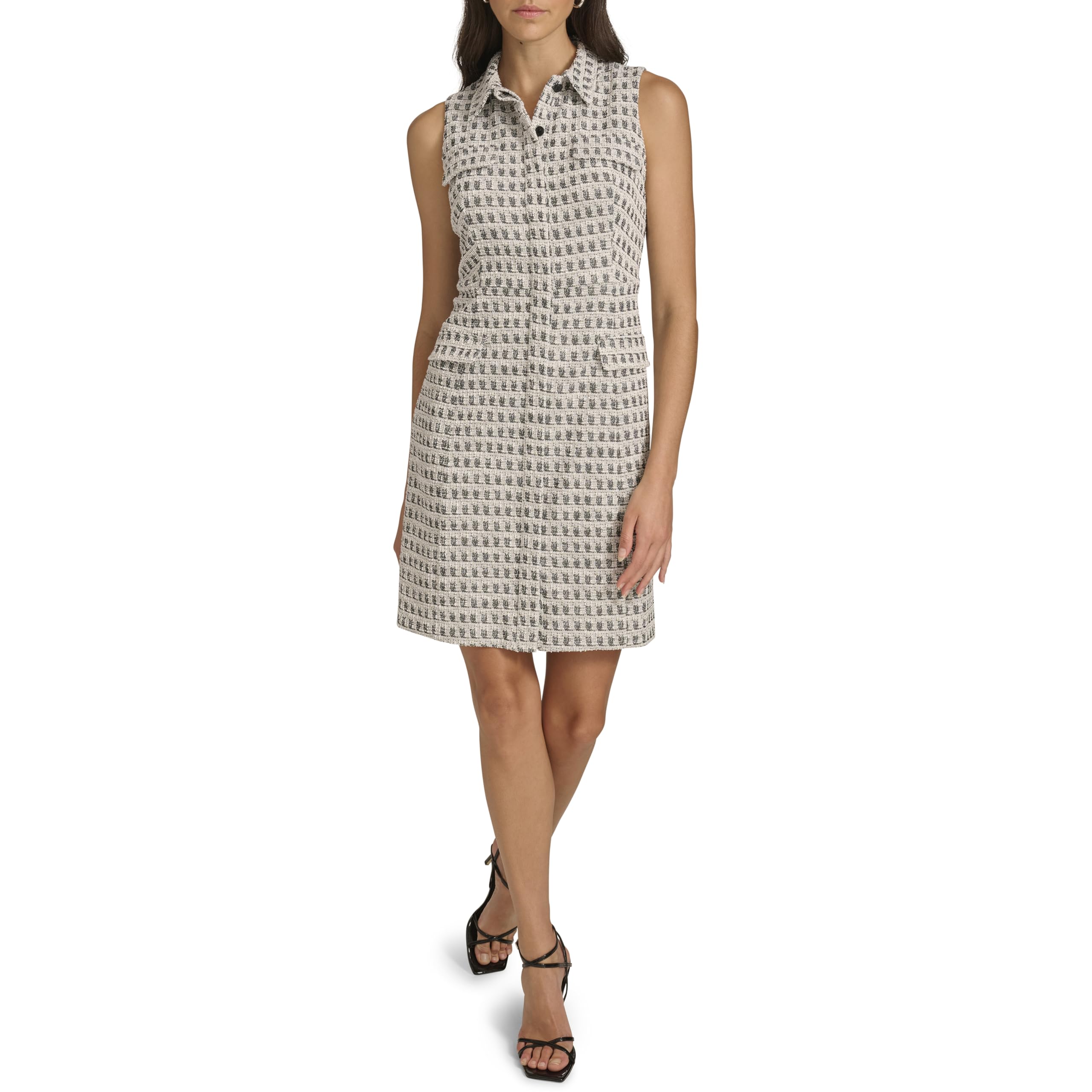 Calvin Klein Womens Sleeveless Collared Mini Tweed Shirtdress