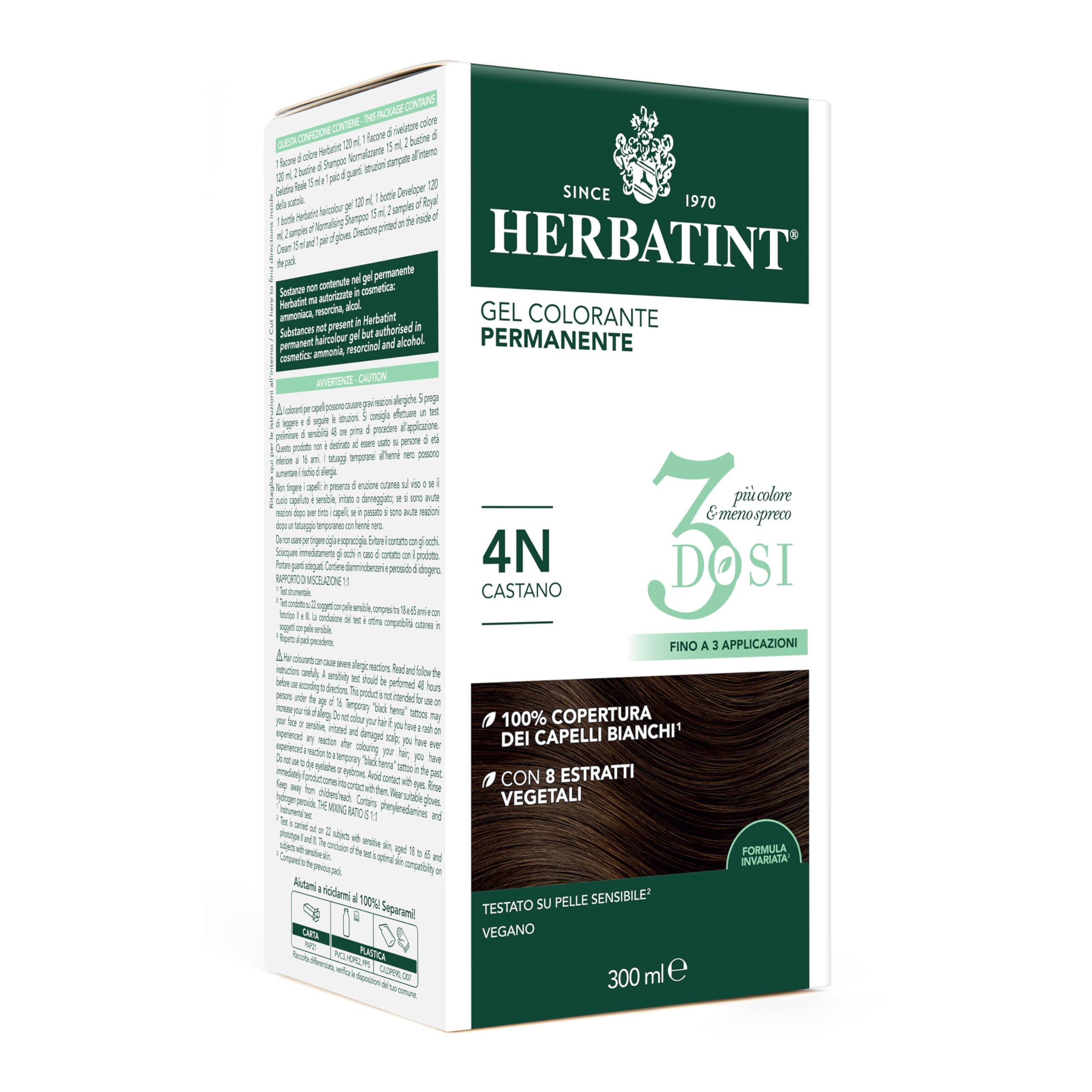 Herbatint Gel Colorante Permanente 3Dosi, 300ml - 4N Castano, Senza Ammoniaca, per Pelli Sensibili, 100% Copertura Capelli Bianchi, con 8 Estratti Naturali Bio