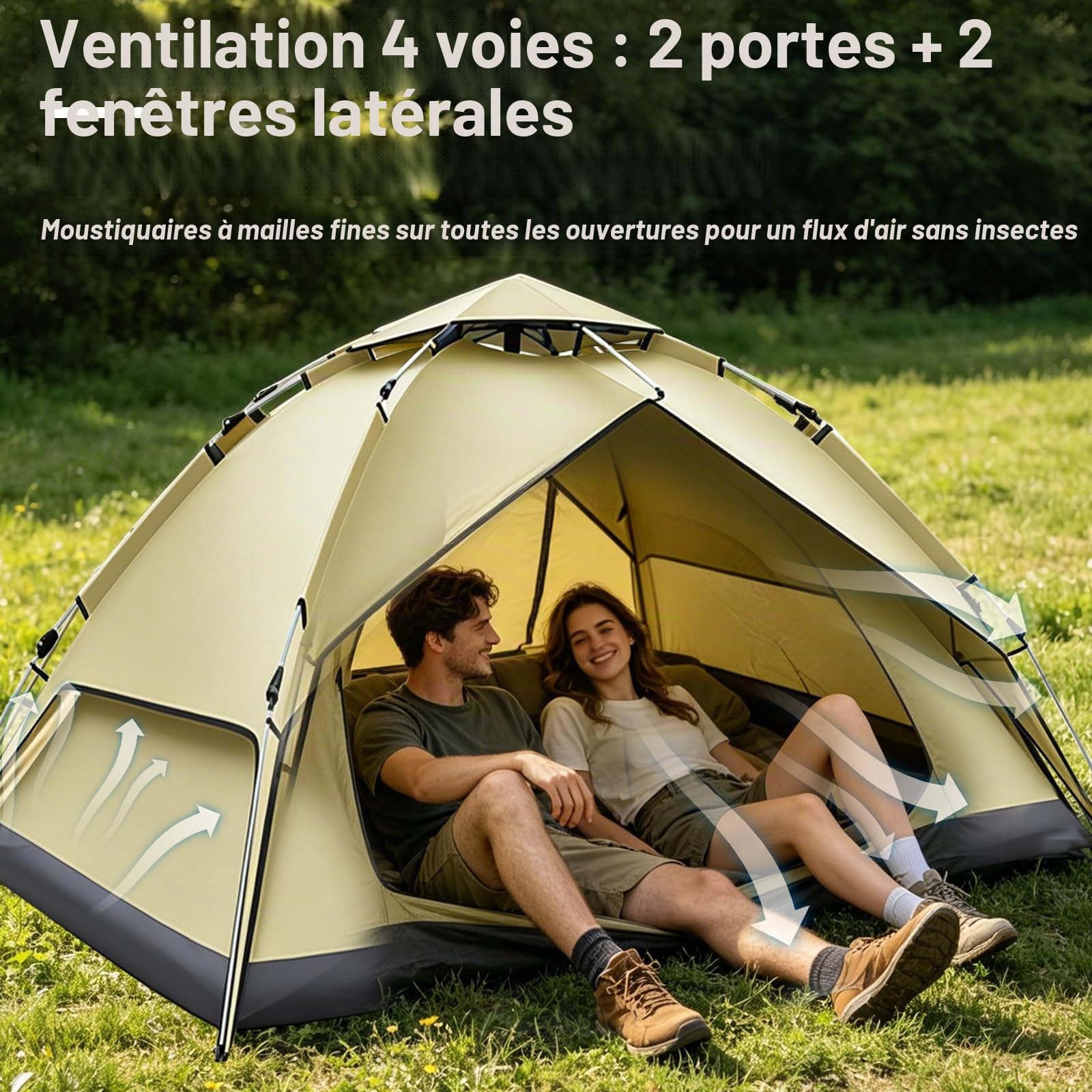 Tente de Camping 2-4 Personnes, Tente Instantanée Pop-Up pour le Camping, Imperméable et Résistante au Vent, Tente Double Couche 2-en-1 en Forme de Dôme pour le Camping et la Randonnée