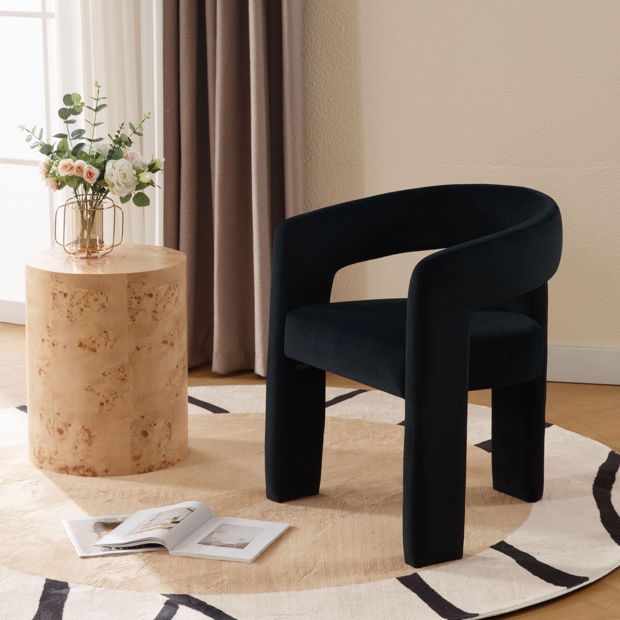 Wahson Velvet Barrel Chairs, Modern Upholstered Bedroom Vanity Chairs, Dining Chairs with Wooden Legs, Assembled Accent Armchairs for Dining Room/Living Room/Side, Black
