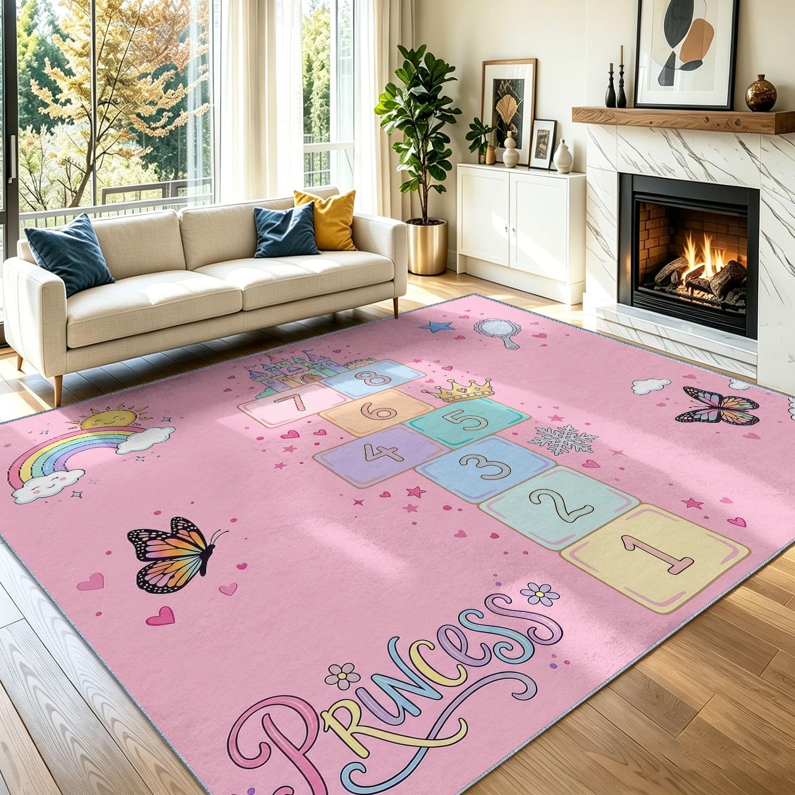 Traumhafter Cartoon Teppich Rosa Waschbar rutschfest für Wohnzimmer, 140x200 cm | Hüpfkästchen-Blöcke Schmetterlinge Wolken Weicher Kurzflor Pflegeleicht Teppich für Schlafzimmer, Esszimmer, Büro