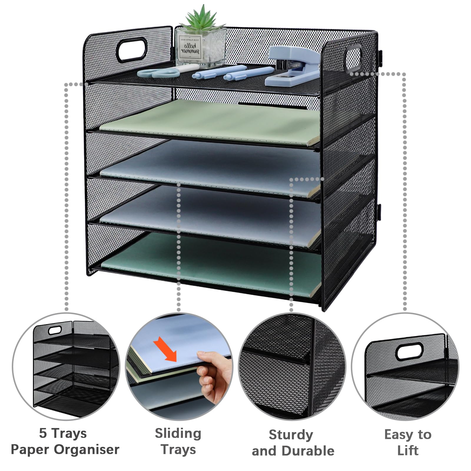 Organizador de papel de 5 niveles, bandeja de malla para cartas, revistas, archivos, almacenamiento para oficina, escuela, hogar, color negro