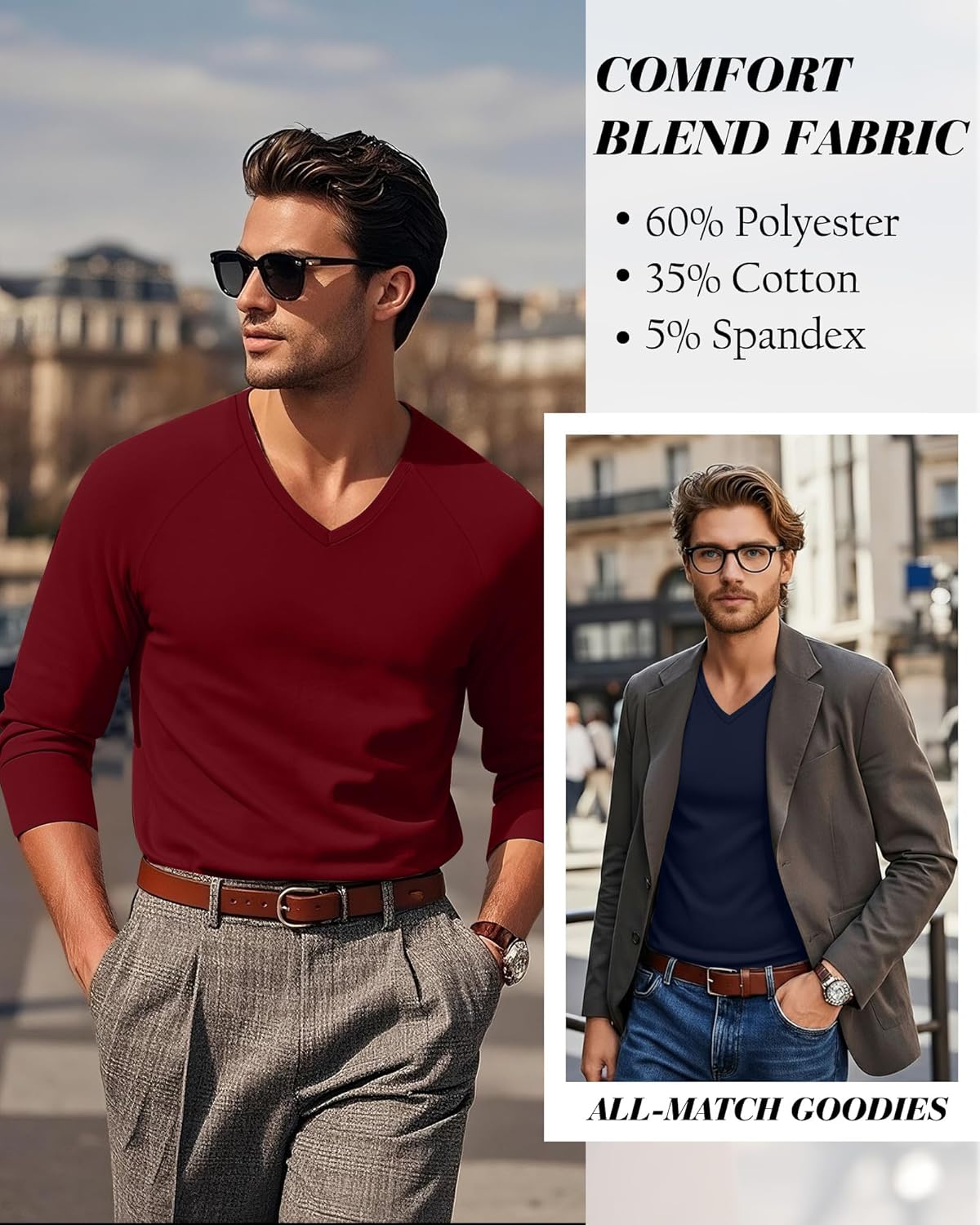 5 Pack Men's Long Sleeves Shirts V Neck Raglan Curved Hem Plain Basic Tee Fall Tops Multipack - Image 4