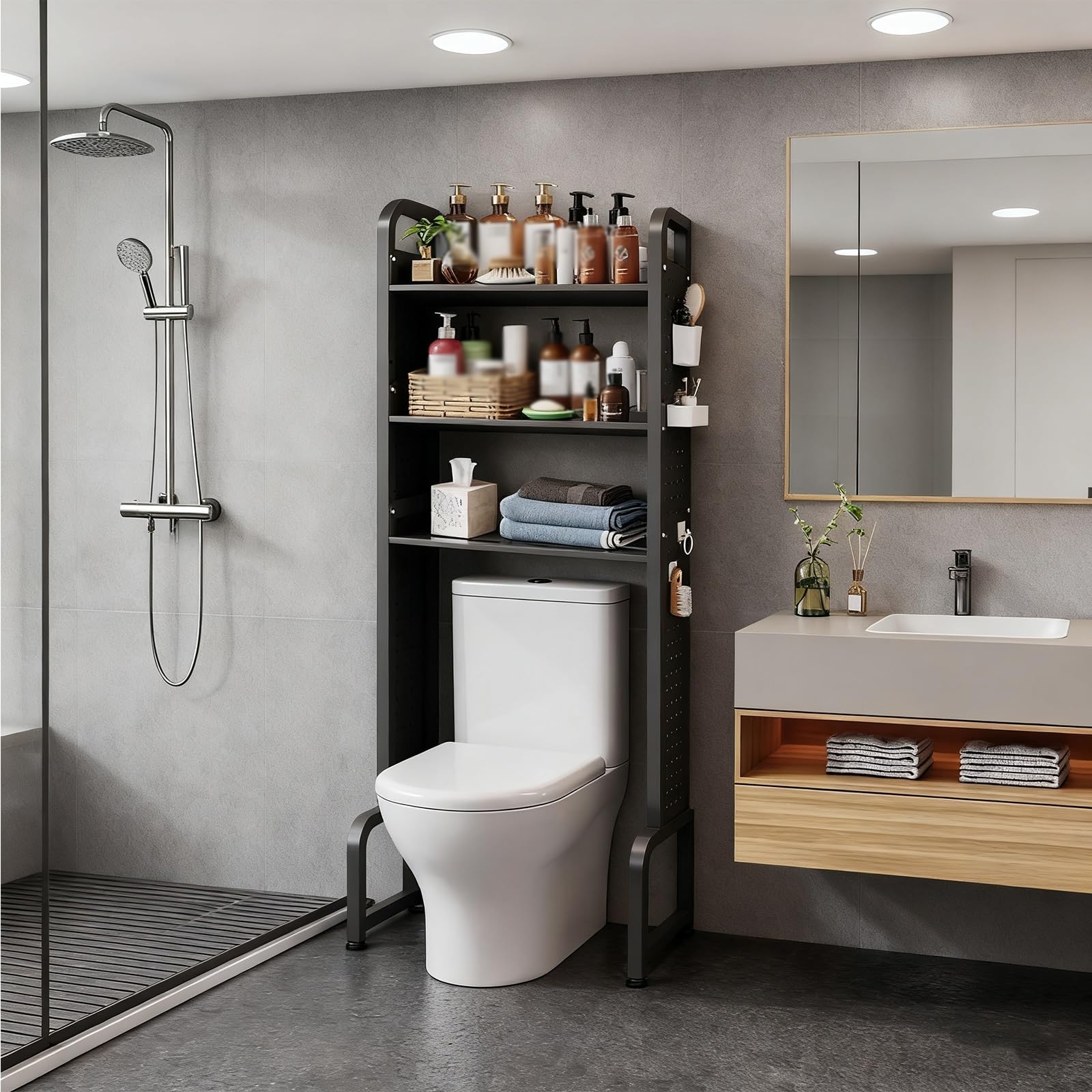 Scaffale regolabile a 3 ripiani, multiuso, per bagno, balcone, lavanderia, soggiorno, versatile espositore nero