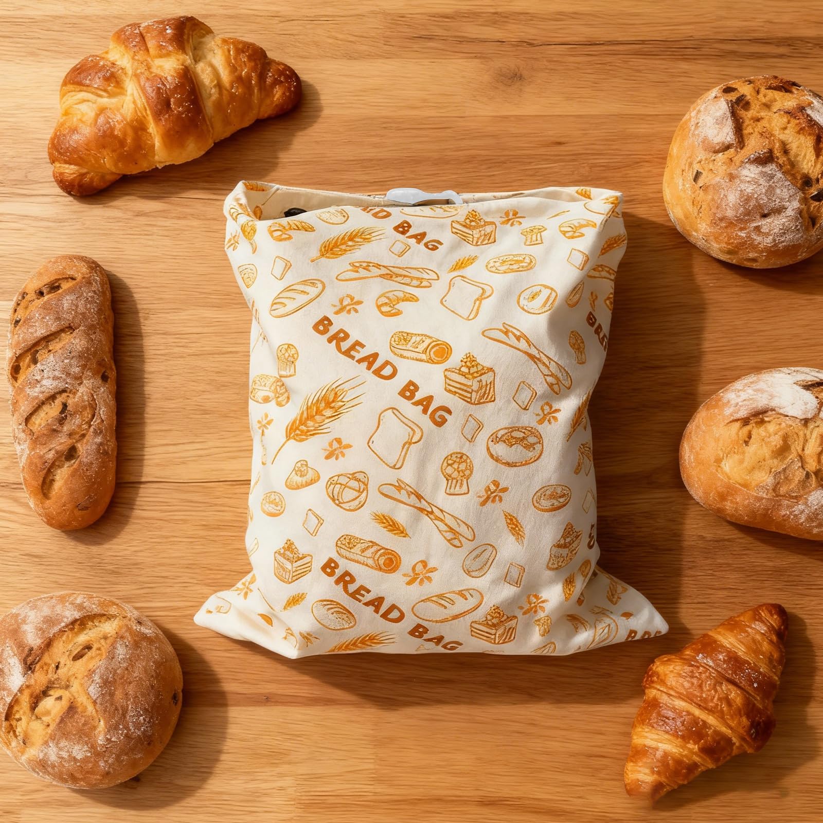 Set di 2 Sacchetti per Pane in Cera d'Api (42x33cm), Sacchetto Porta Pane in Cotone con Chiusura a Fibbia, Contenitore Riutilizzabile per Conservazione Pane a Lievito Madre, 2 Fantasie