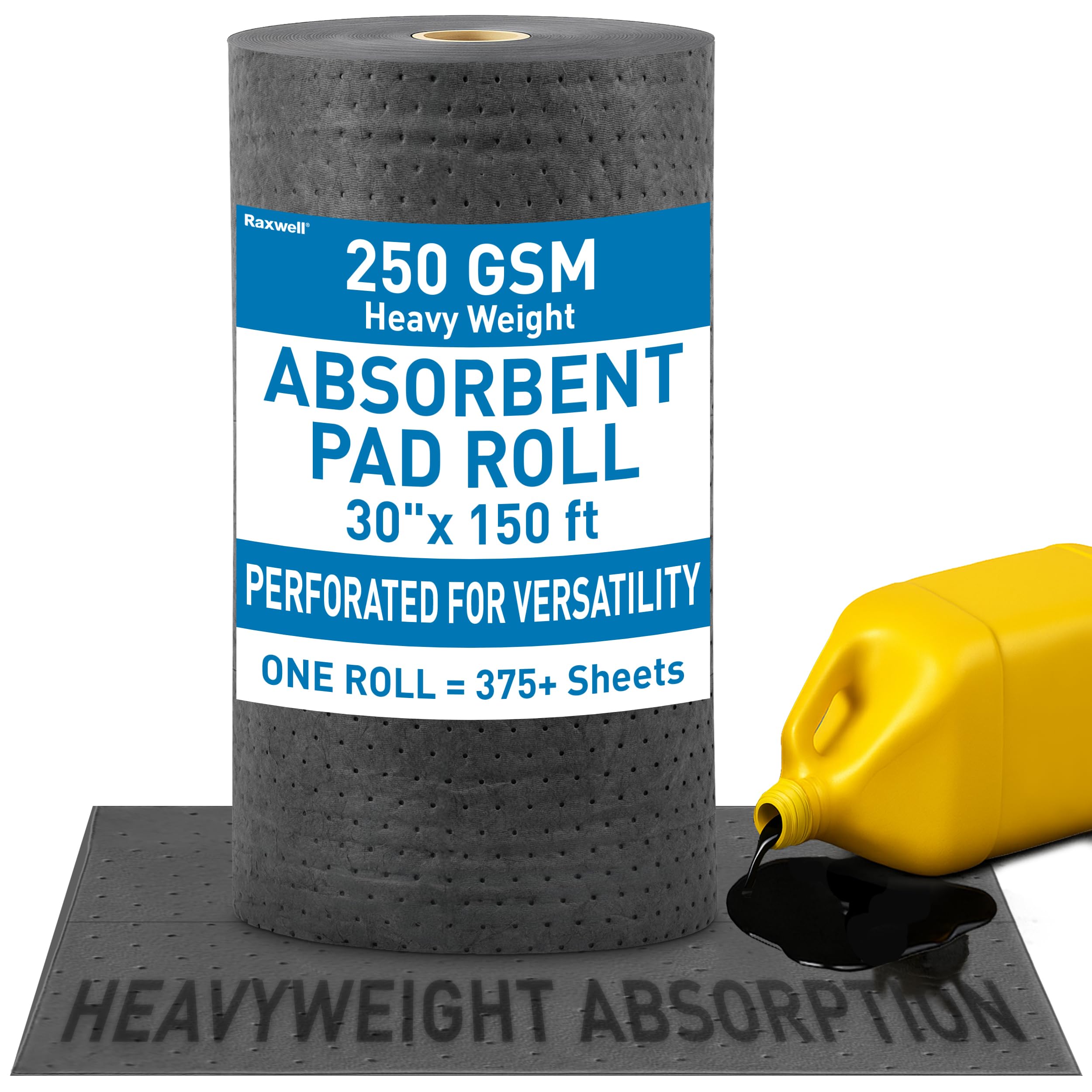 Raxwell Universal Absorbent Roll – 30” x 150 ft Heavyweight Spill Absorbent Pads, 250 GSM, Perforated Polypropylene Roll for Oil, Water, Coolants &