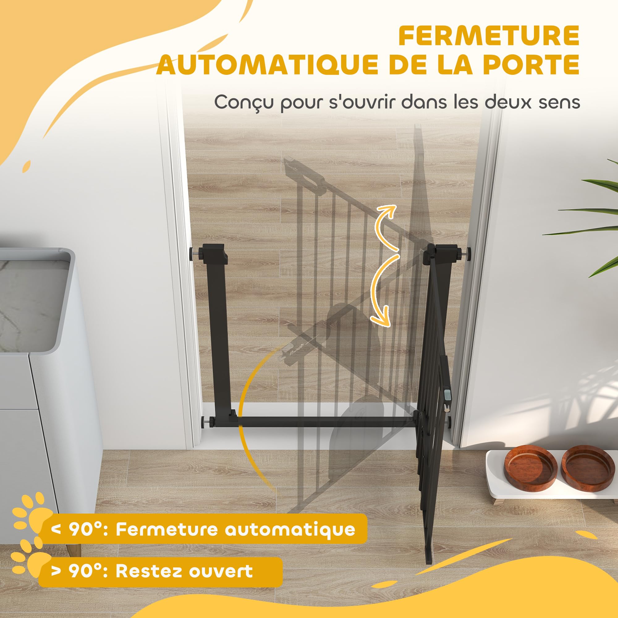 PawHut Barrière de sécurité Animaux de 76H cm barrière Chien Chat avec Porte Fermeture Automatique système de Double Verrouillage Fixation par Pression de 75 à 82 cm Acier et ABS Noir