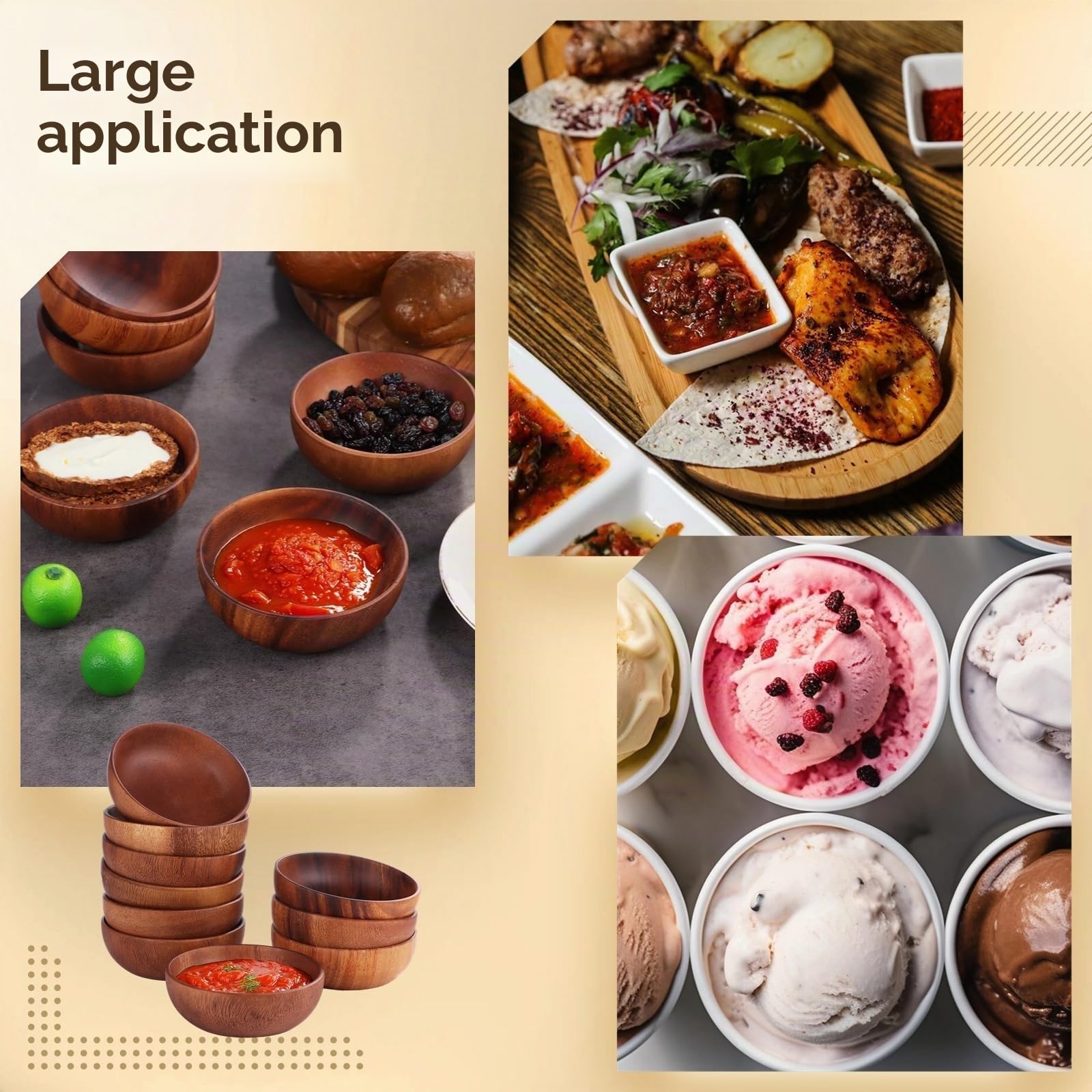 Lot de 10 bols ronds en bois d'acacia fabriqués à la main, parfaits pour salade, sauces, apéritifs, condiments, noix, bonbons et céréales, plateau de service