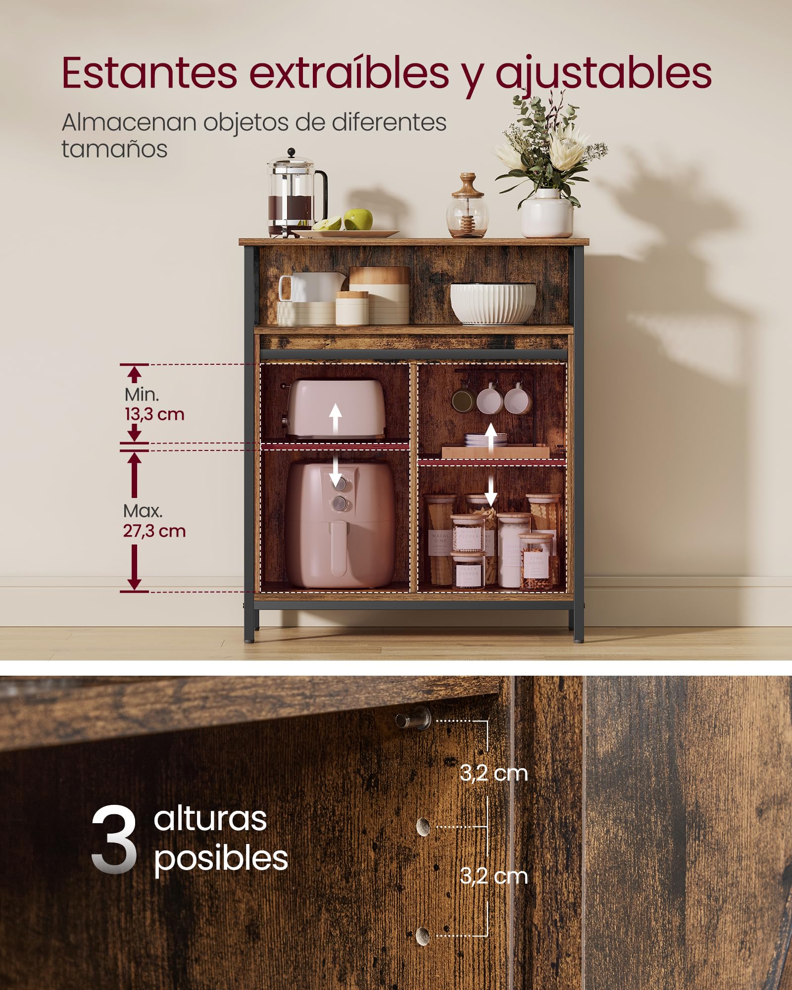 VASAGLE Aparador, Armario de Cocina, Armario de Almacenamiento, con Puerta Corredera, 30 x 70 x 80 cm, Estantes Ajustables, para Salón, Marrón Rústico y Negro Tinta LSC089B01