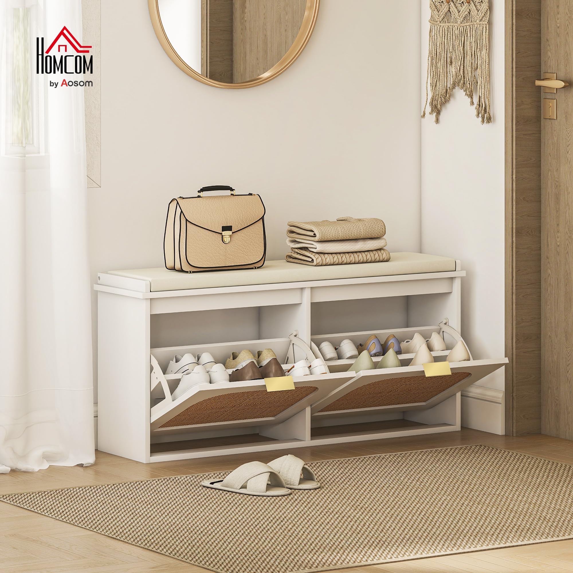 HOMCOM Banco estrecho para zapatos con asiento acolchado y 2 cajones abatibles, banco de almacenamiento de zapatos bohemio con puertas de ratán y estantes ajustables para pasillo, entrada, capacidad
