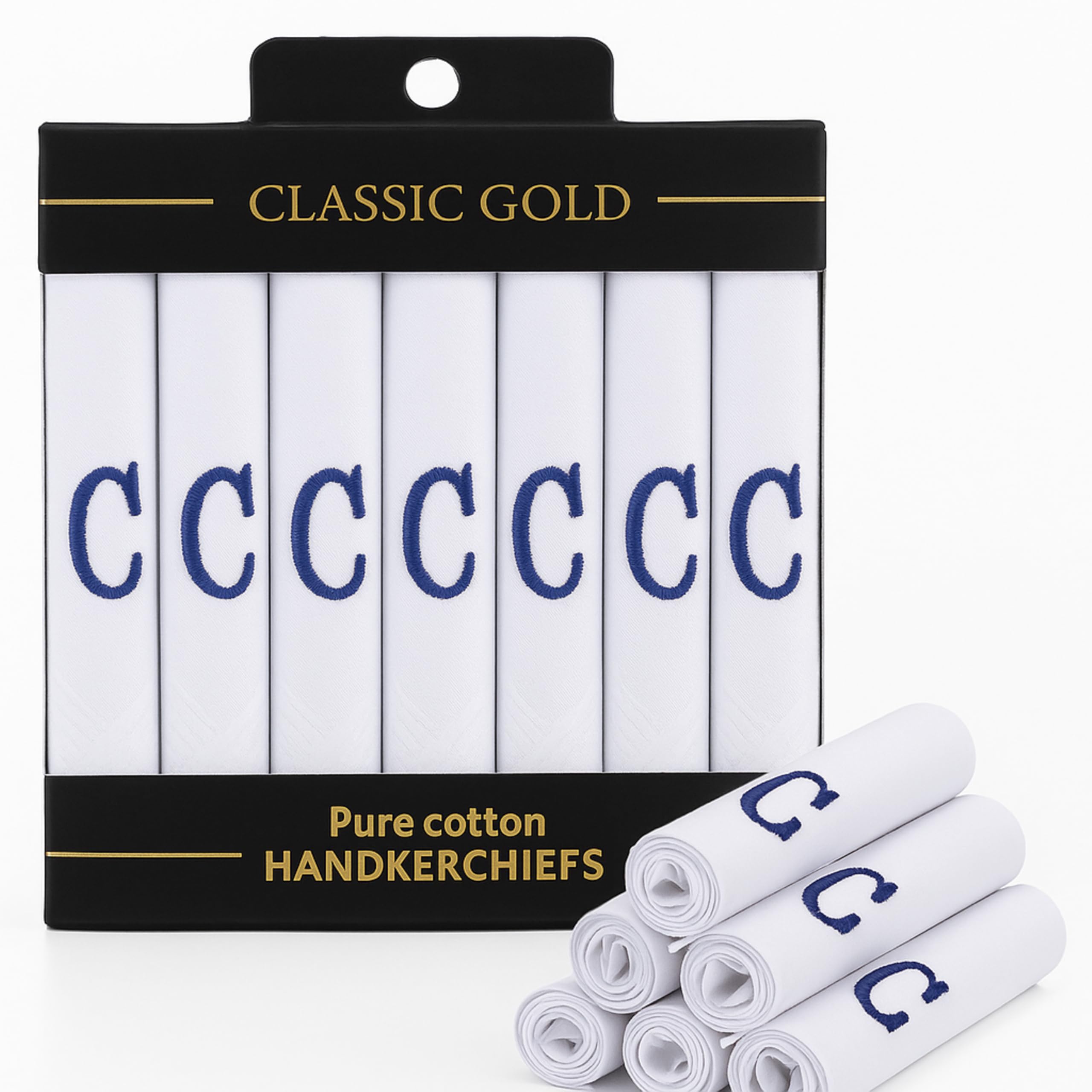 DUDU N GIRLIE Mens/Gentlemens White Satin Bordered Handkerchiefs with & Black Embroidered Initials, C, One Size, Pack of 7