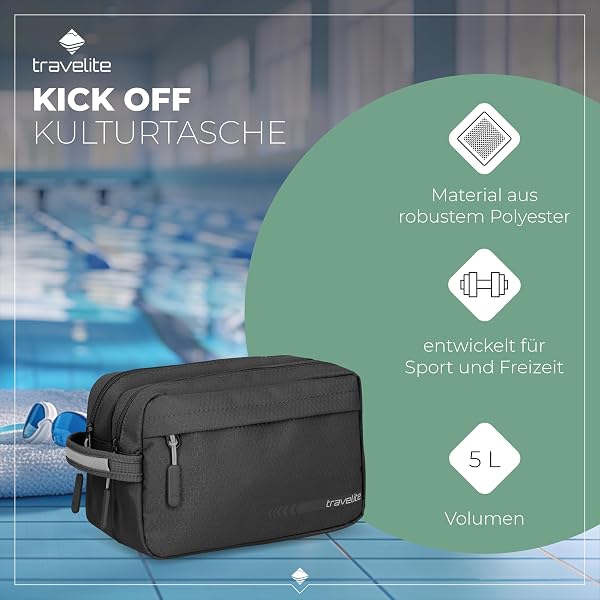 Besuche den Travelite- travelite Handgepäck Kosmetiktasche, Gepäck Serie Kick Off: Praktische Kulturtasche für Urlaub und Sport, 26 cm, 5 Liter in use