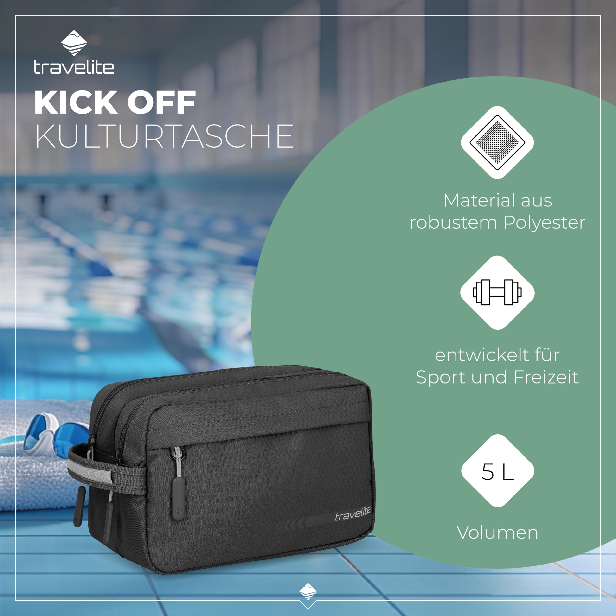 Besuche den Travelite- travelite Handgepäck Kosmetiktasche, Gepäck Serie Kick Off: Praktische Kulturtasche für Urlaub und Sport, 26 cm, 5 Liter in use