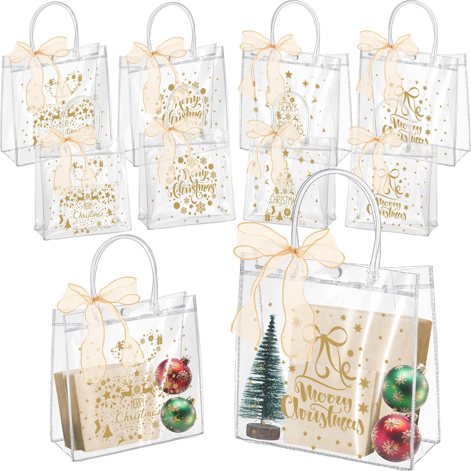 Henoyso 24 Pcs Gold Christmas Clear Gift Bags Plastic Goodie Candy Treat Bag with Handles PVC Gift Wrap Totes with Ribbon for Xmas Party Favors (7.8 x