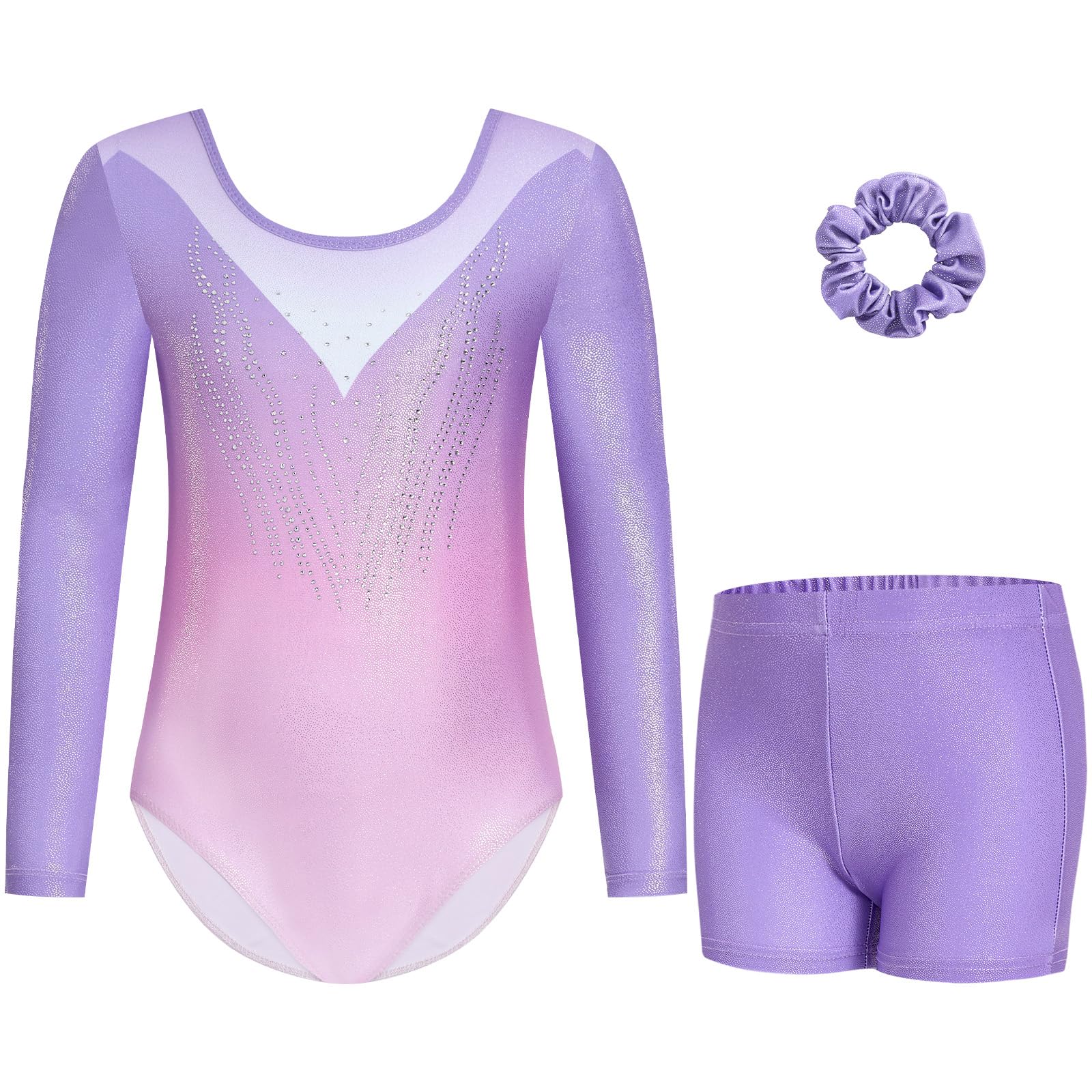 Gogokids Maillot de gimnasia de tres piezas para niña, de manga larga, con pantalones cortos y cinta para el pelo, ropa de gimnasia con diseño degradado para 3-12 años — view 30