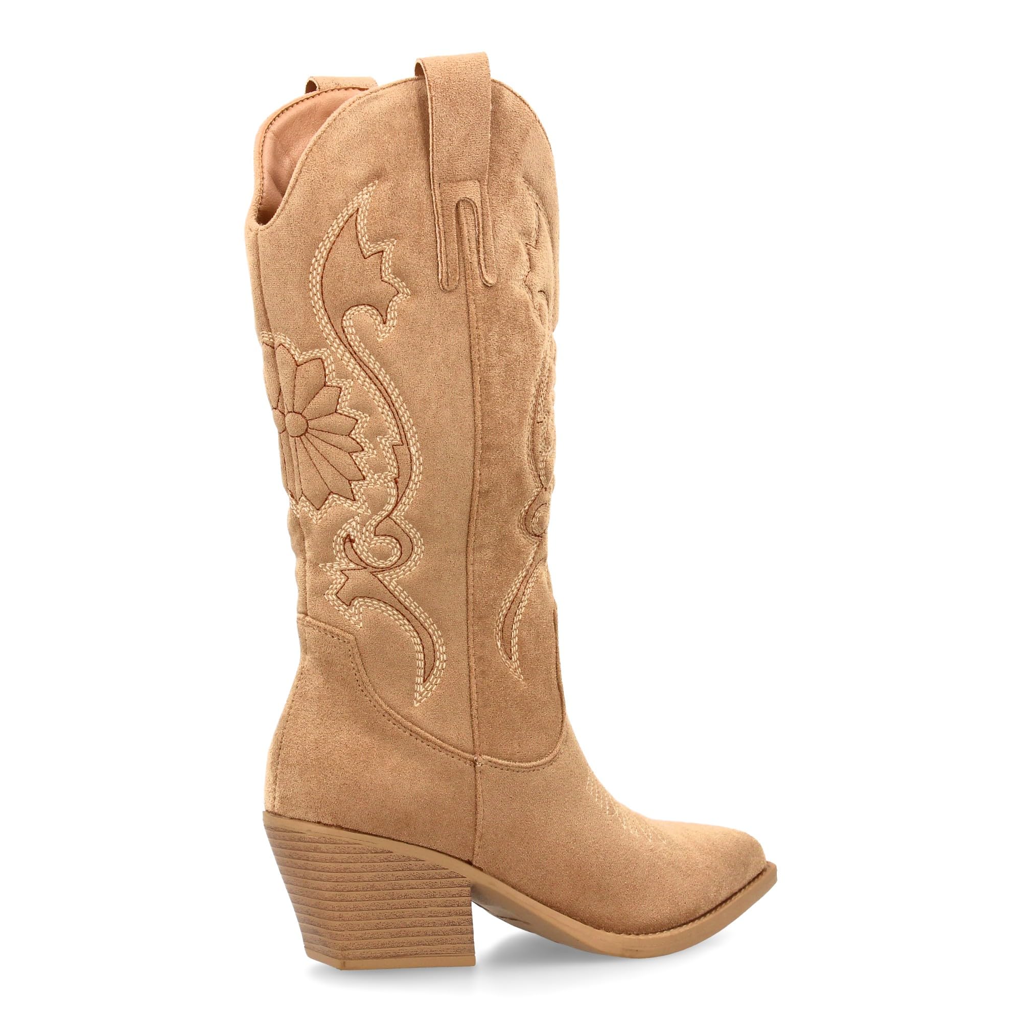 Bota Cowboy de Cana Alta con Bordados para Mujer. Tacon Medio y Punta Fina, Estampado Liso. Estilo campero y Cierre de Cremallera, Ideales para Temporada Otono Invierno.